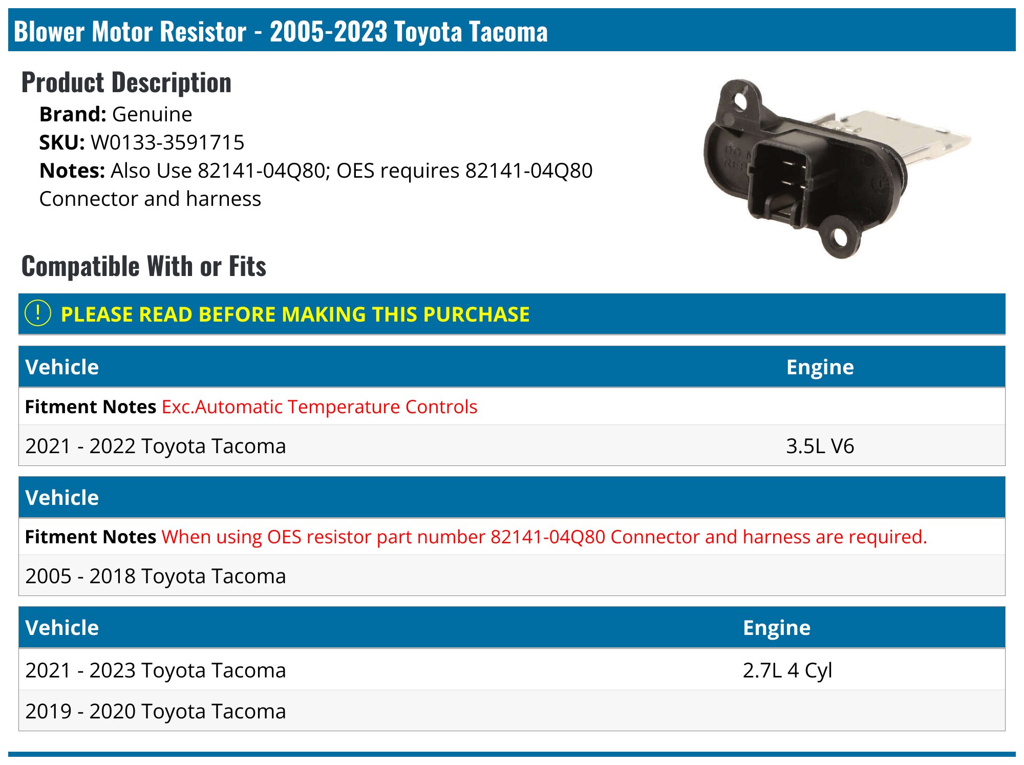 20052023 Toyota Blower Motor Resistor Genuine W01333591715