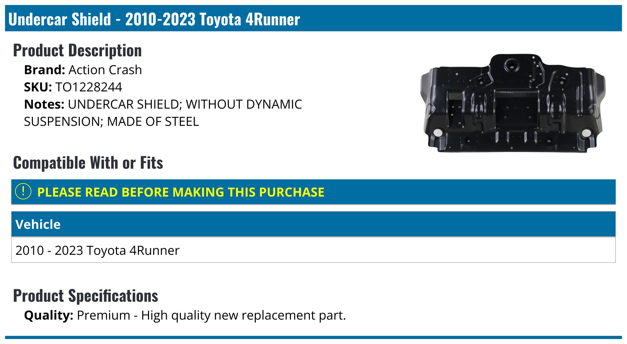 2010-2024 Toyota 4Runner Lower Engine Cover - Action Crash TO1228244 ...