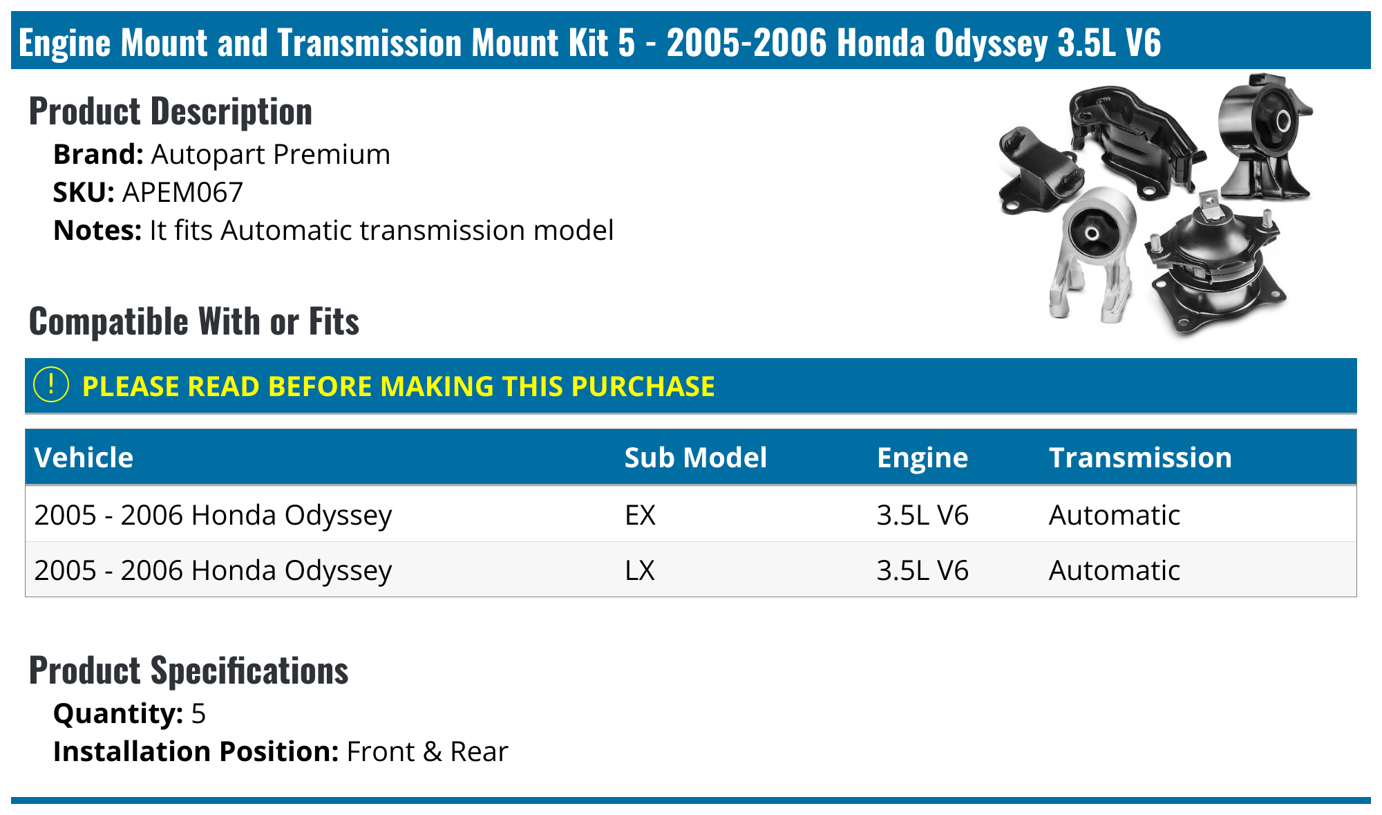 20052006 Honda Odyssey Engine Mount Autopart Premium APEM067