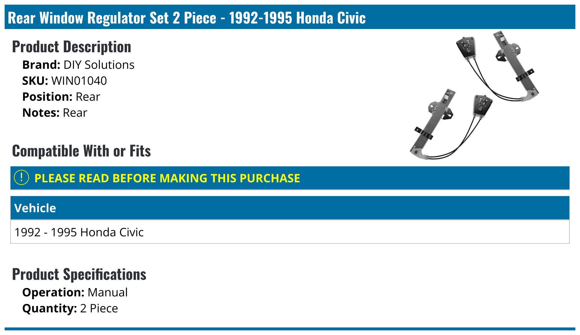 A-Premium Manual Window Regulator Compatible With Honda Civic 1992 1995 Front Passenger Side