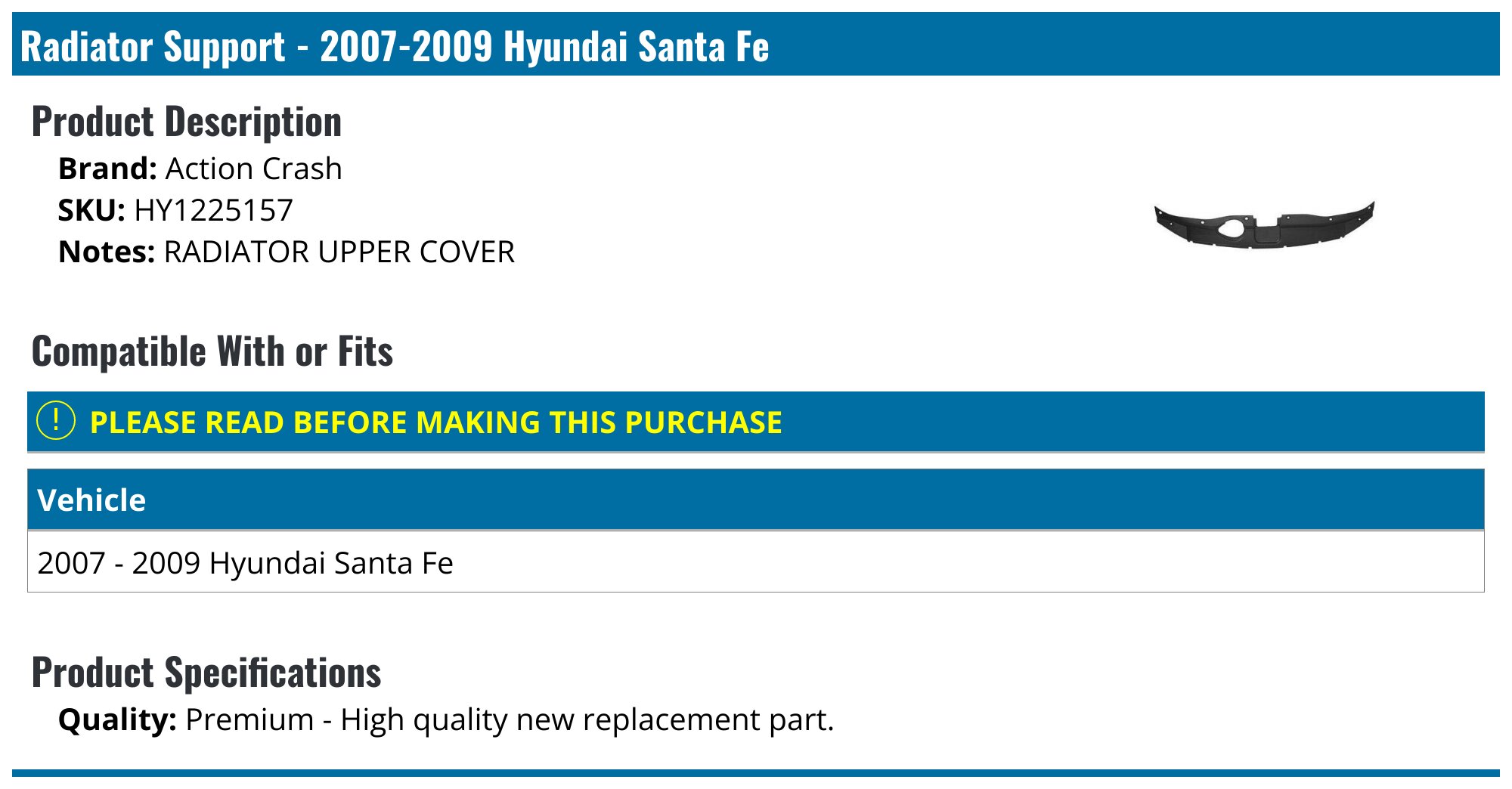Action Crash Radiator Support - for 2007-2009 Hyundai Santa Fe HY1225157 - Fitment Image