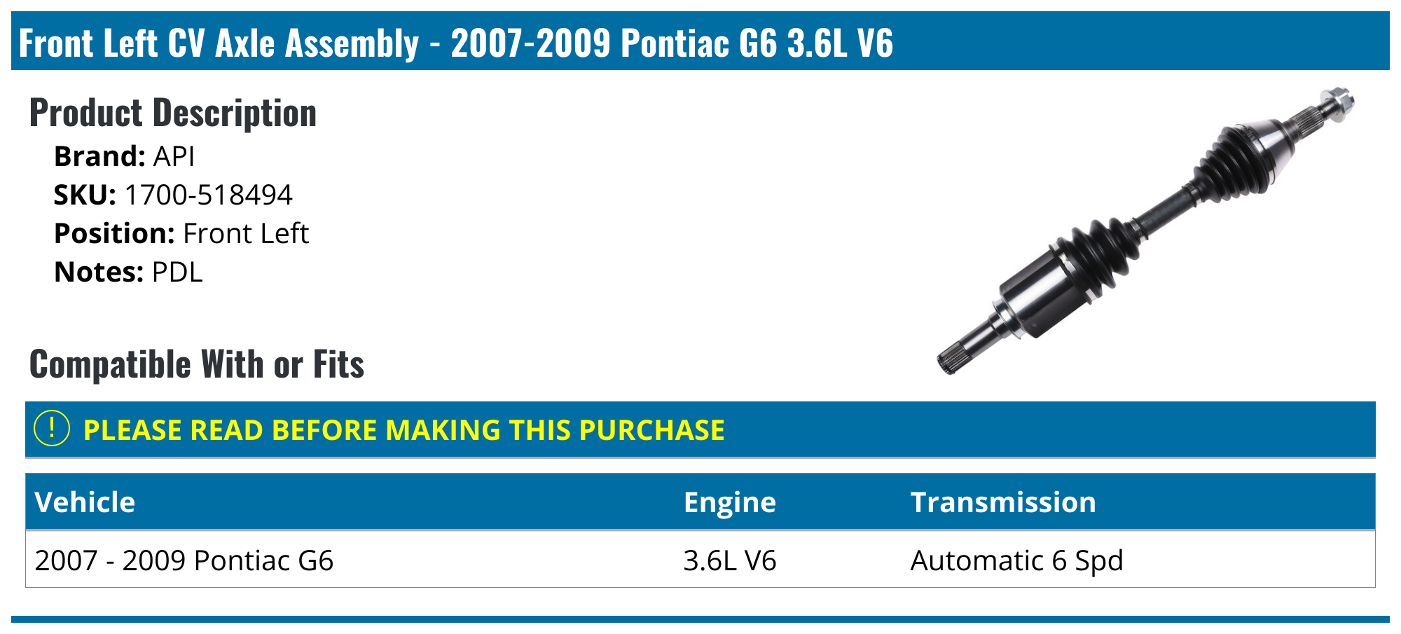20072009 Pontiac G6 Axle Assembly API 1904202162046 Front Left