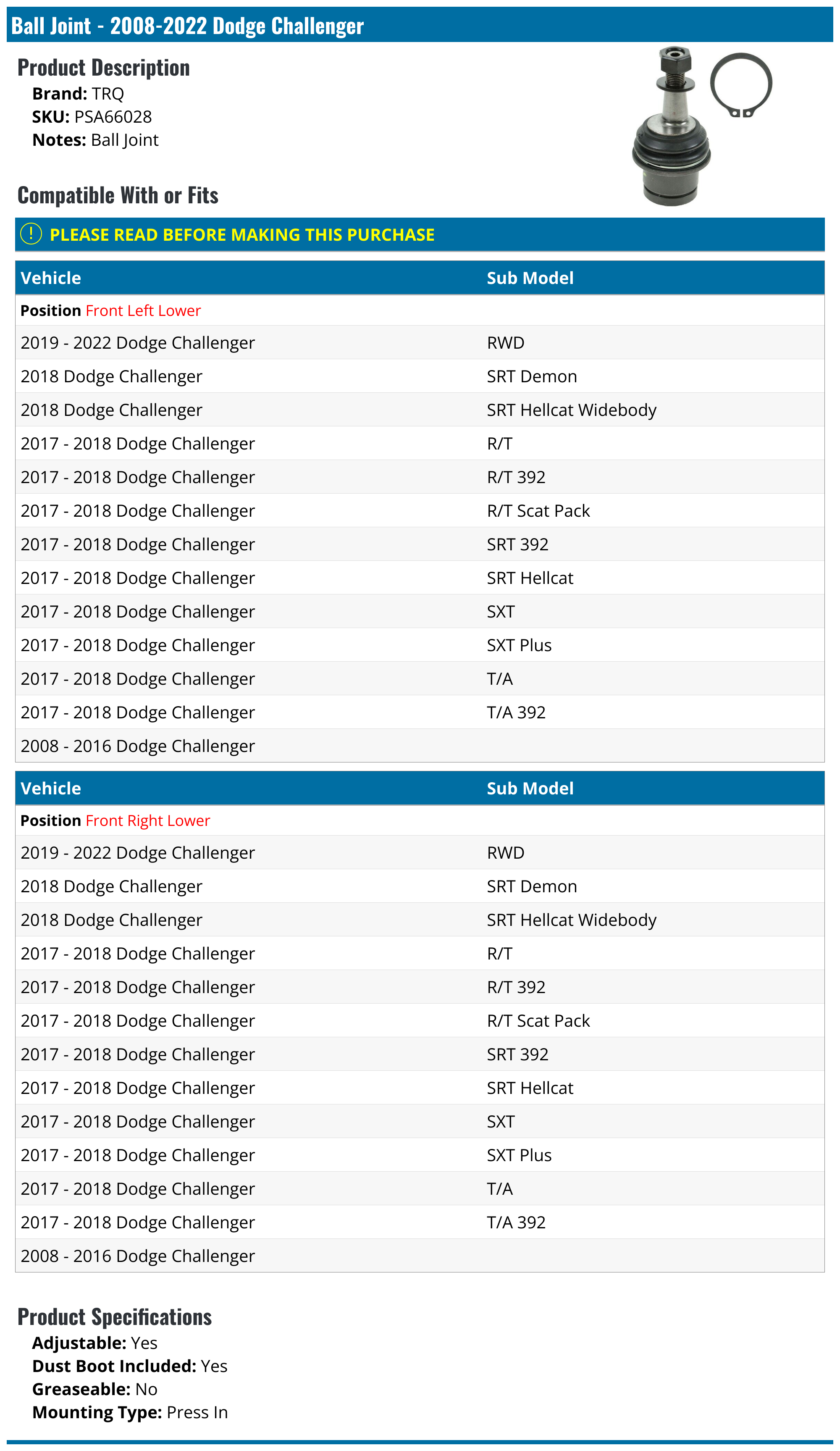 20082019 Dodge Challenger Ball Joint TRQ PSA66028 Front Left Lower