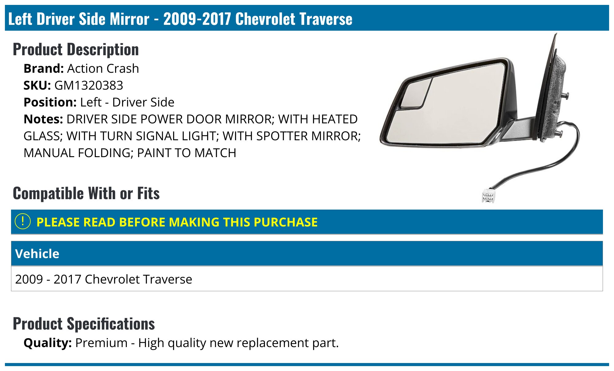 Door Mirror Set 2 Piece - 2009-2017 Chevrolet Traverse - TRQ 30003-02162270