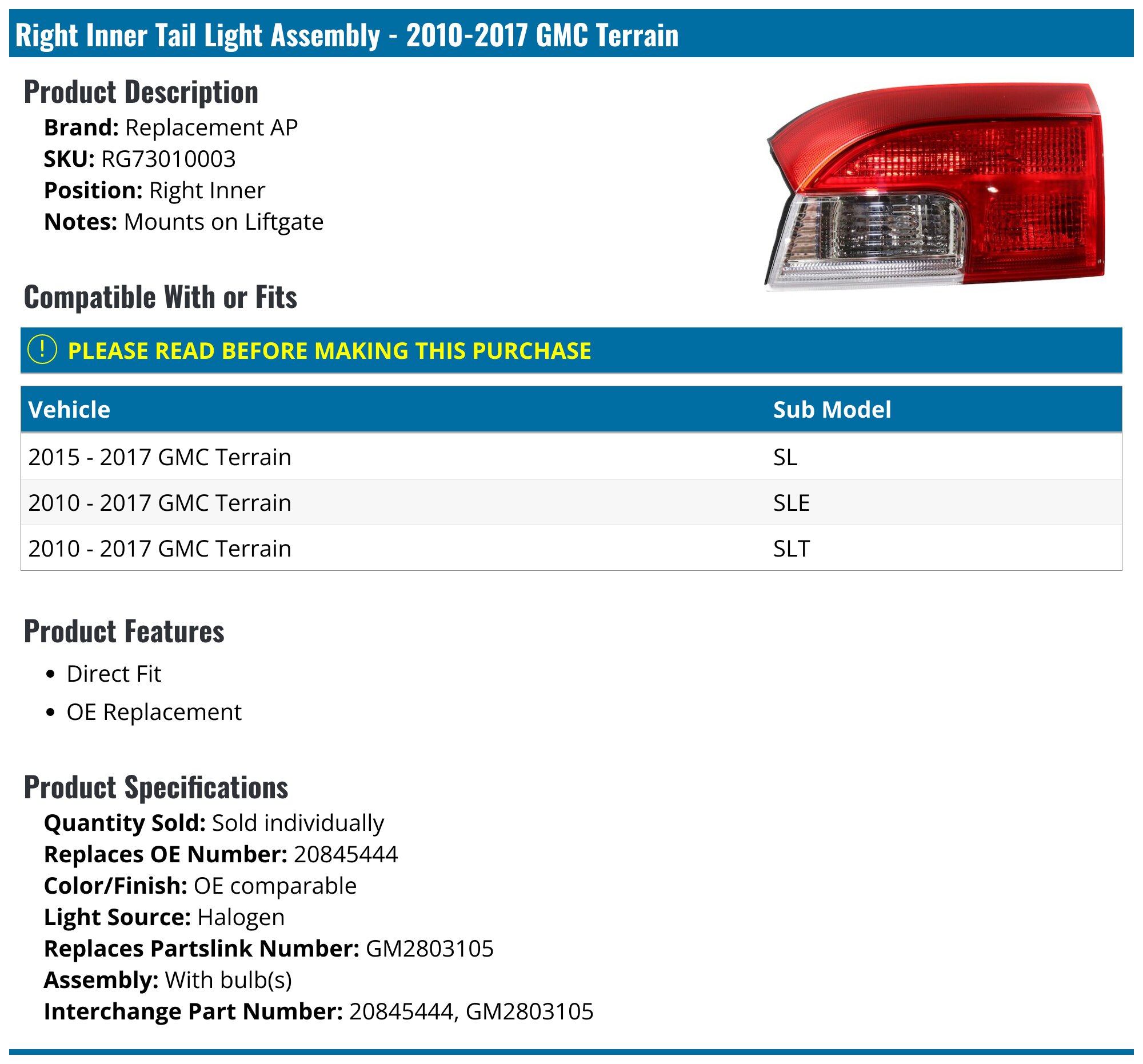 Jpautowholesale Inner Tail Light For 2013-2017 GMC Terrain – Passenger Side (Right) – JP-A00727