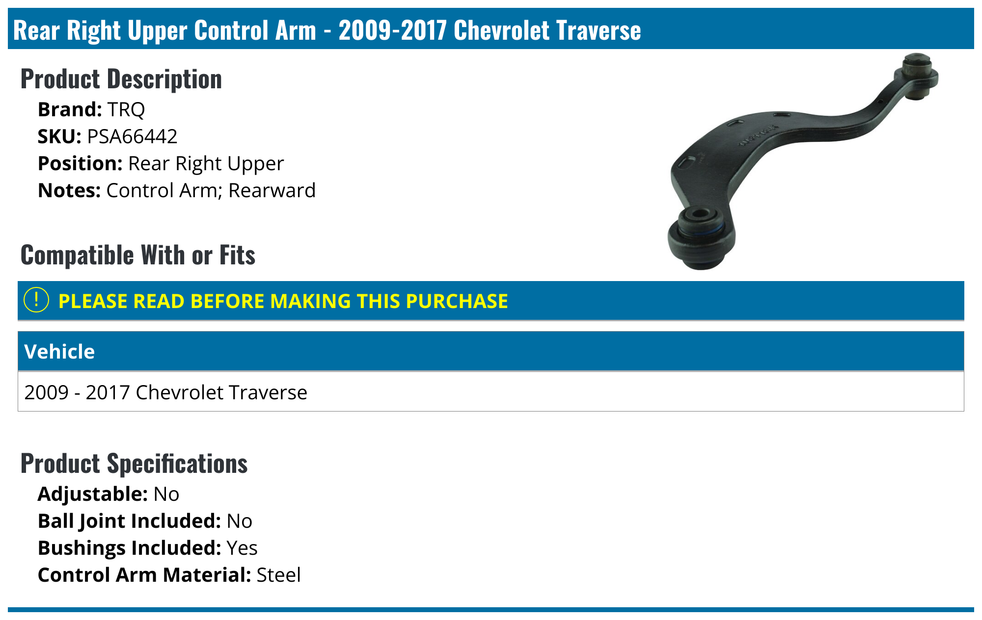 20092017 Chevrolet Traverse Control Arm TRQ PSA66442 Rear Right