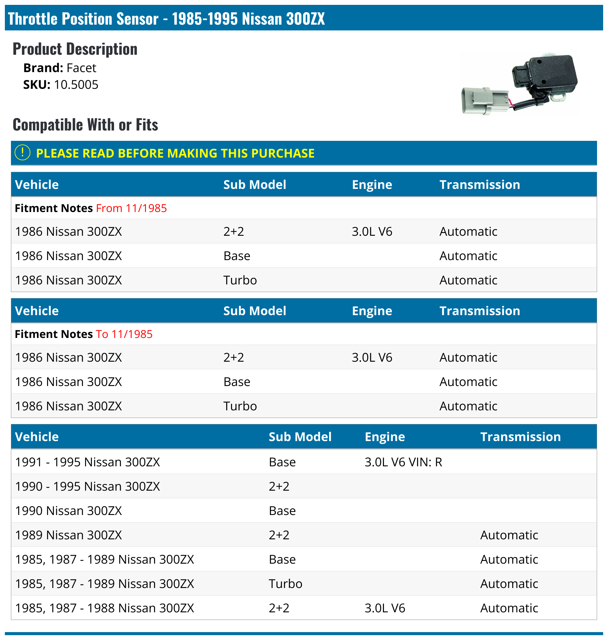 1985-1995 Nissan 300ZX Throttle Position Sensor - Facet 10.5005