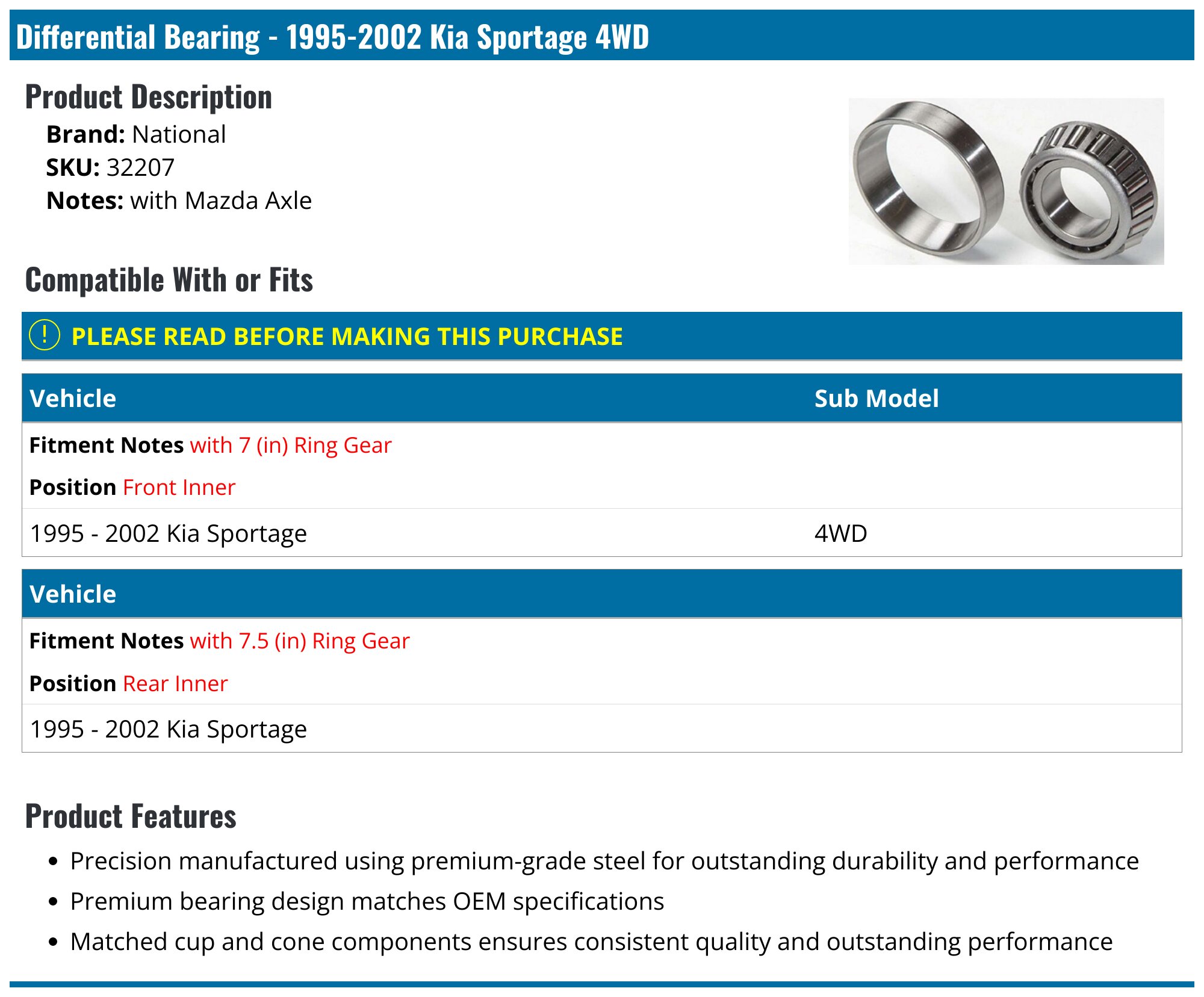 1995-2002 Kia Sportage Differential Bearing National 32207