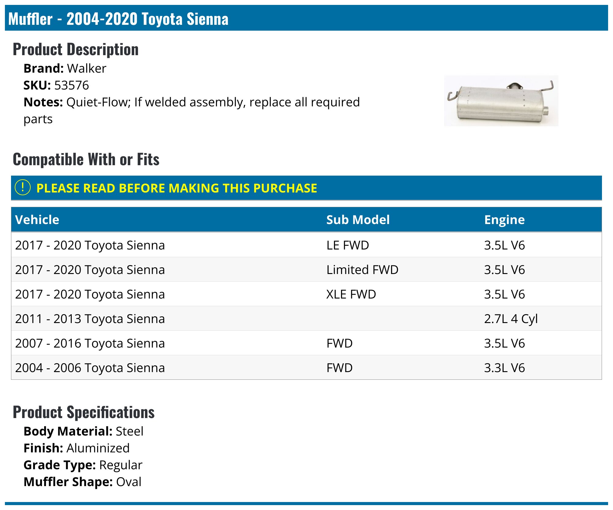 Fast & Furious Direct Fit Rear Muffler For Toyota Sienna 2004-2016 (FWD, 3.5L/3.3L/2.7L)