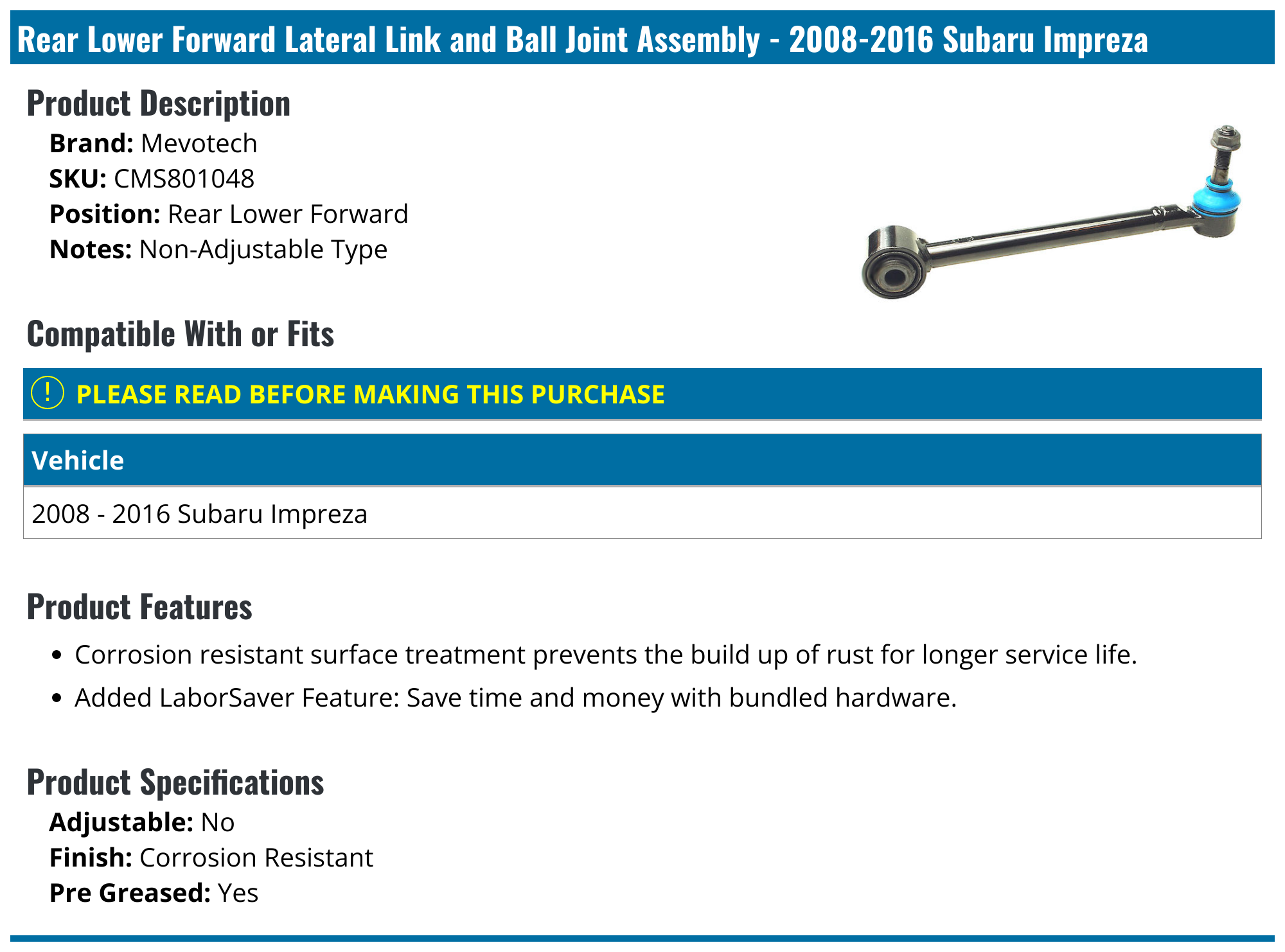 20082016 Subaru Impreza Ball Joint Mevotech CMS801048 Rear Lower