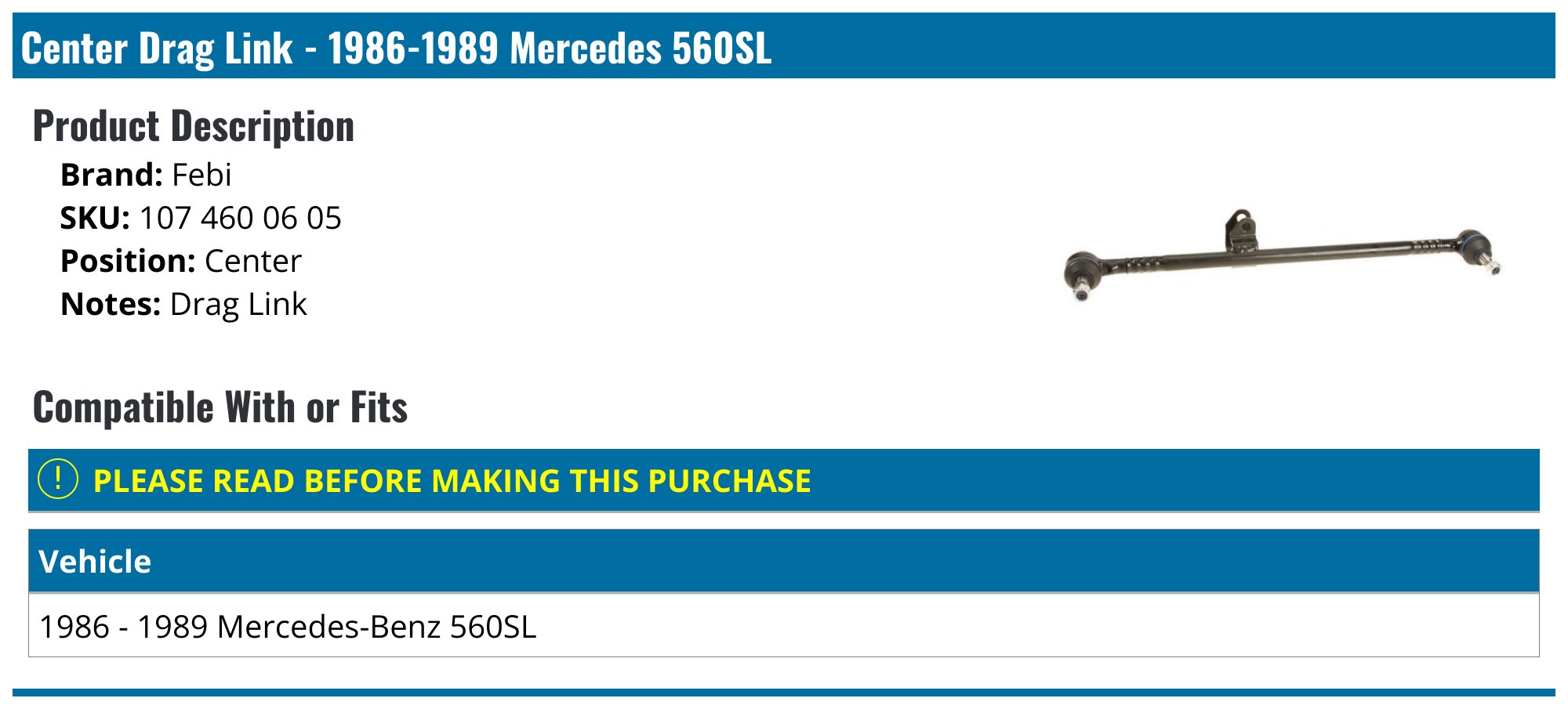 Febi Front Center Drag Link Steering Tie Rod Assembly For Mercedes SL R107 W107