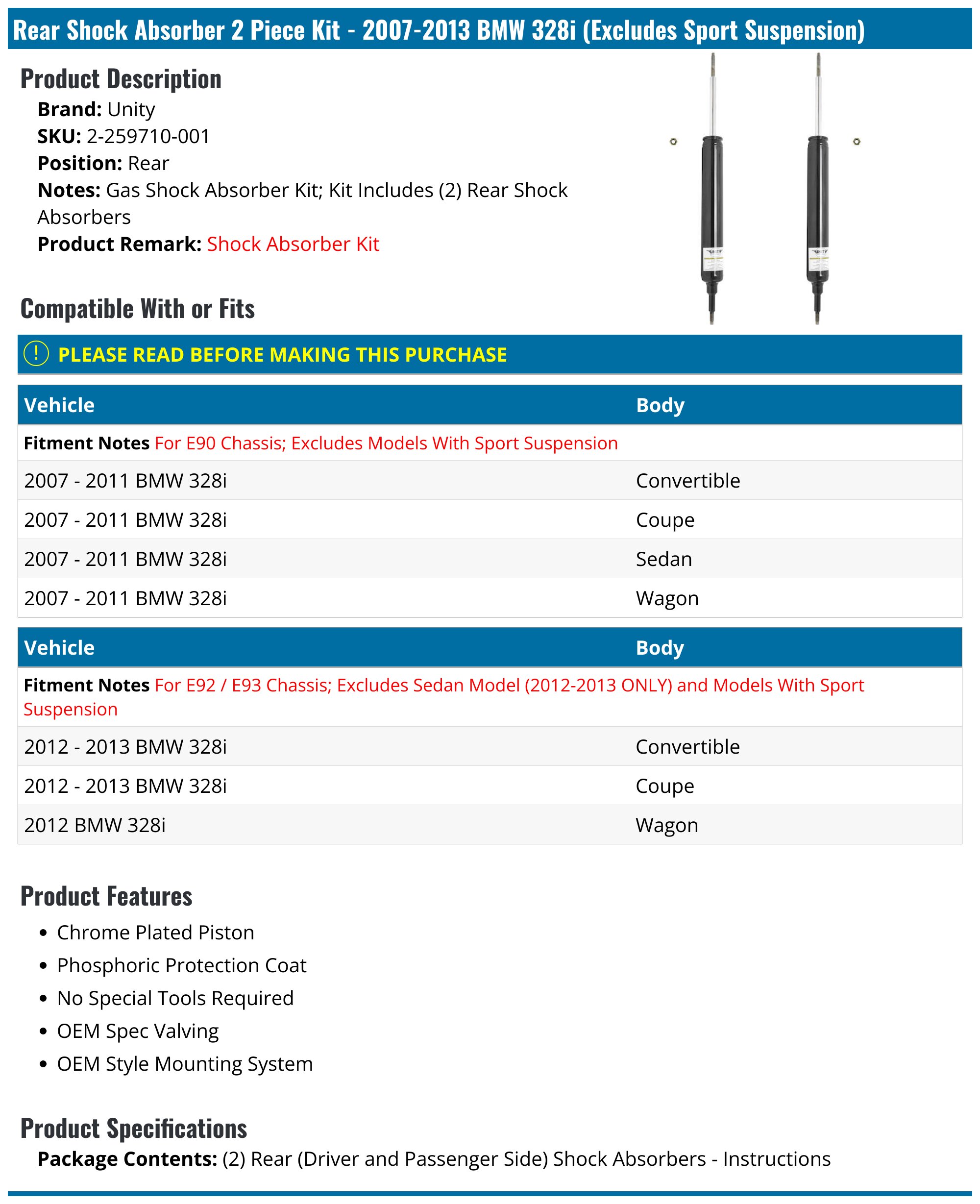 ECCPP Rear Pair Shock Absorbers – Fits BMW 328i, 328xi, 335xi (2007-2011) – Gas Charged With Hardware