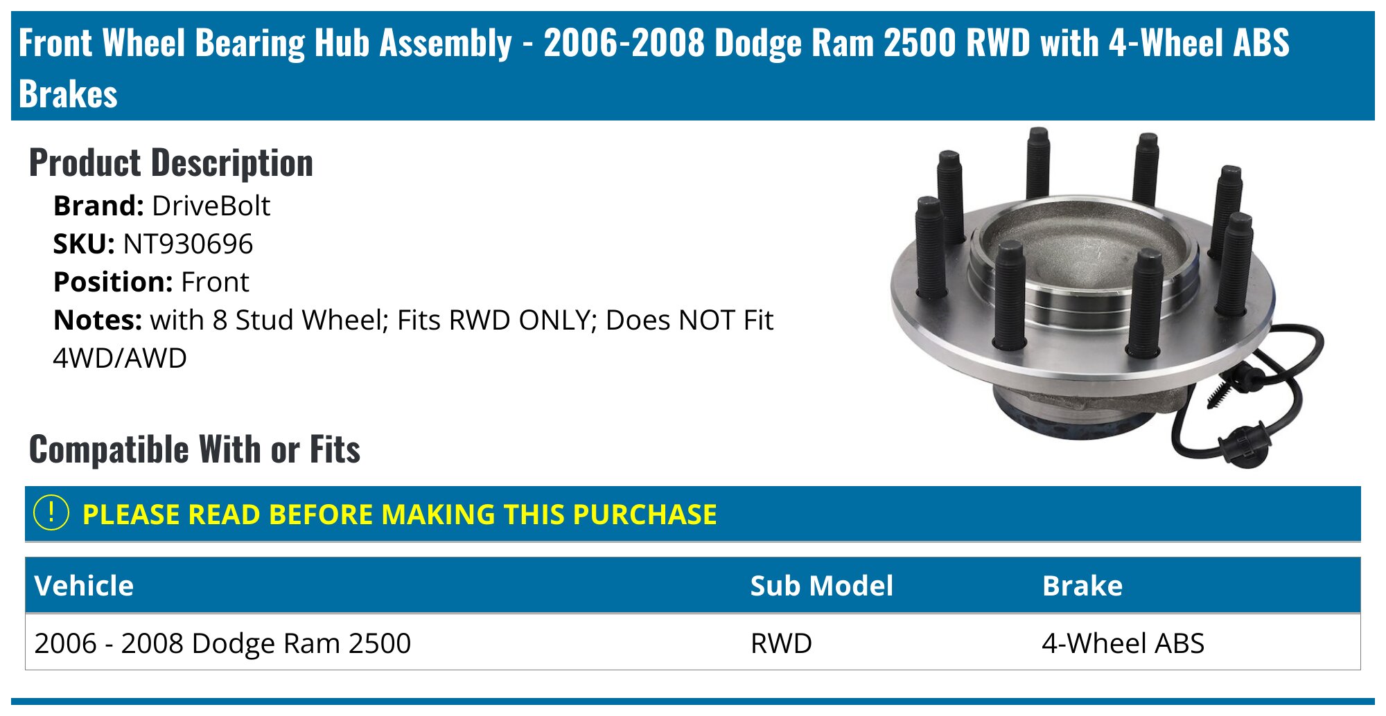 Kugel Front Wheel Bearing And Hub Assembly Pair Replacement For 2000-2001 Dodge Ram 1500 4WD With 2-Wheel ABS - Left Right Side (Driver Passenger) K70-100391 In | Whizz Hub Assemblies - Foto 7