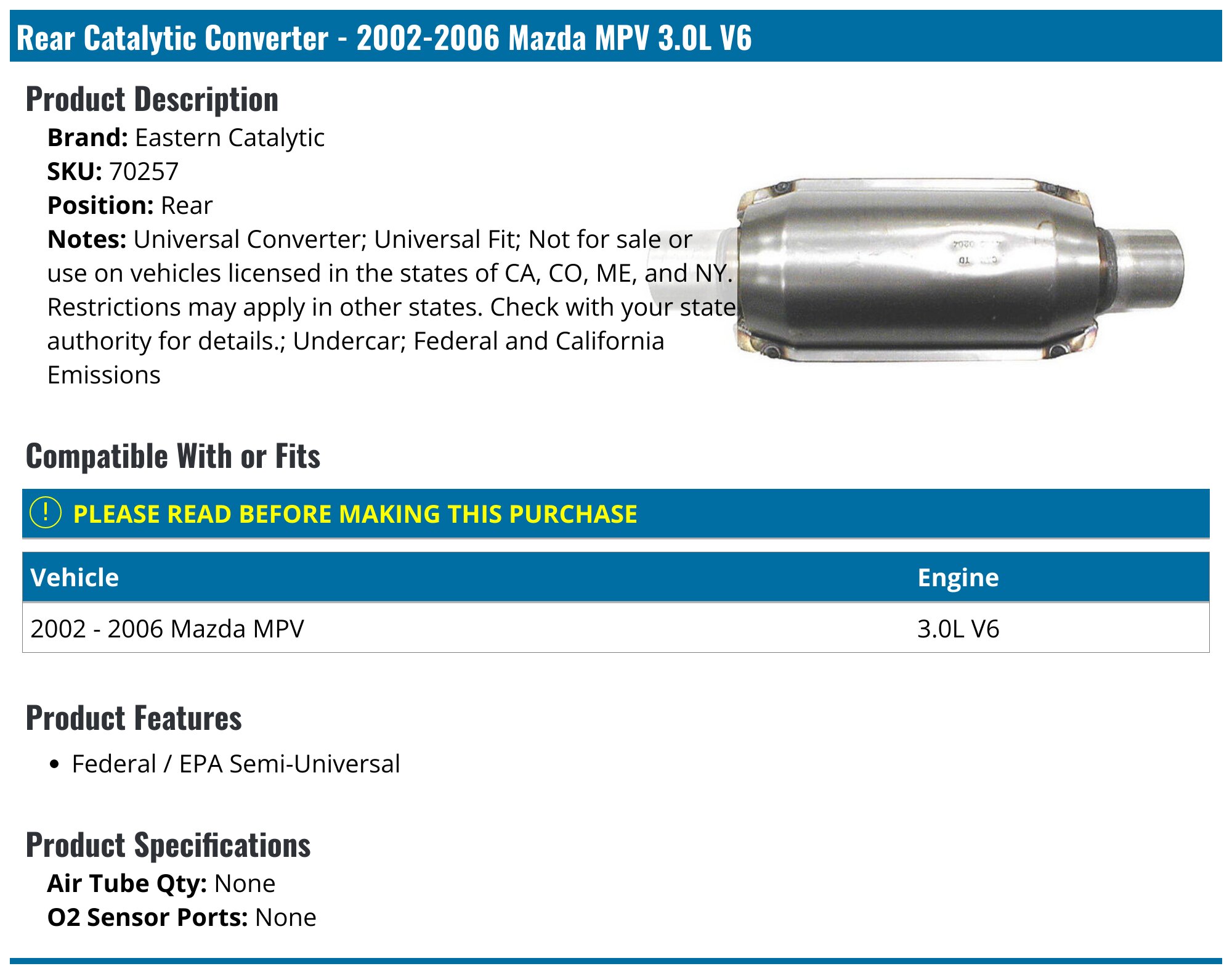触媒 2006マツダMPVのための触媒コンバータ Catalytic Converter for 