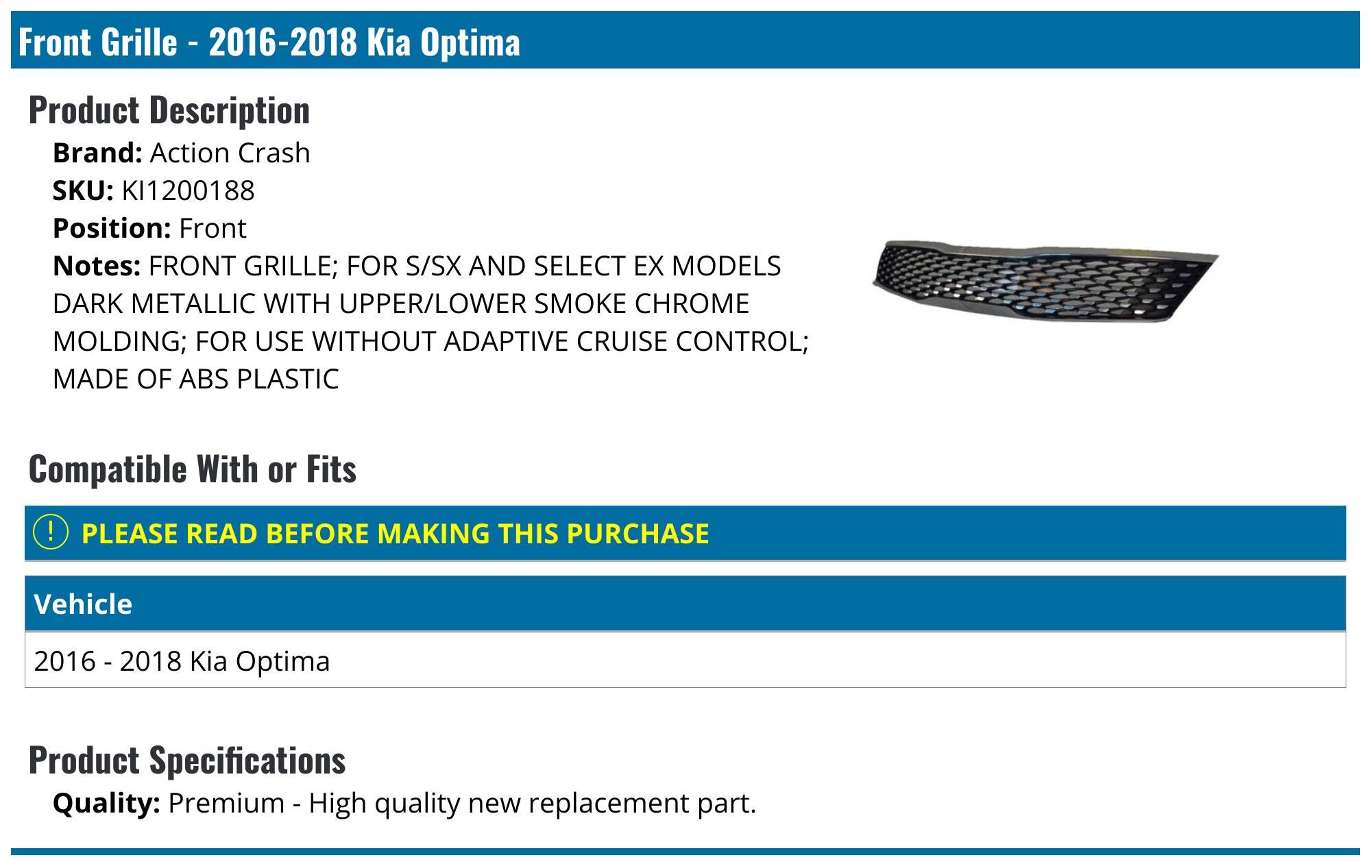 2016-2018 Kia Optima Front Bumper Reinforcement Sport Type W/Auto Cruise Control - KI1006150 - Partify