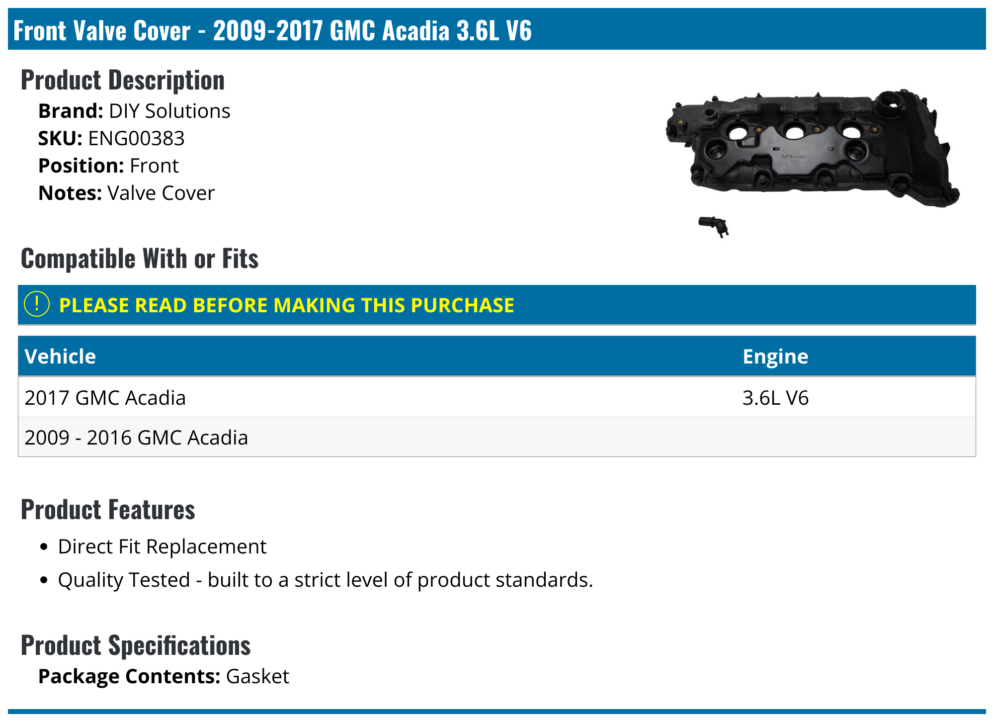 20092017 GMC Acadia Valve Cover DIY Solutions ENG00383 Front