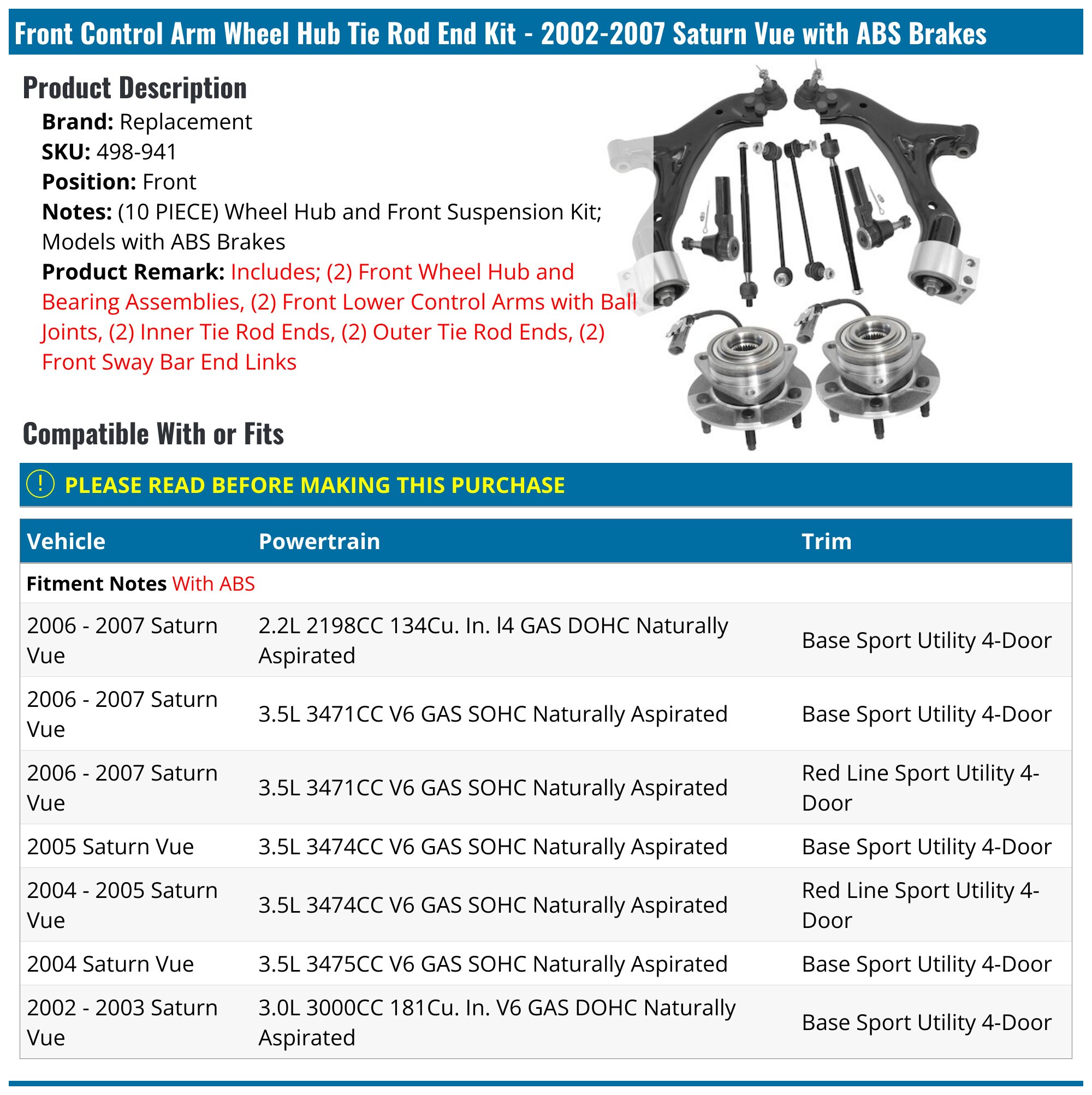 Front Control Arm Wheel Hub Tie Rod End Kit - 2002-2007 Saturn Vue with ABS  Brakes - Replacement 4925-02470879, image size:2000x2006