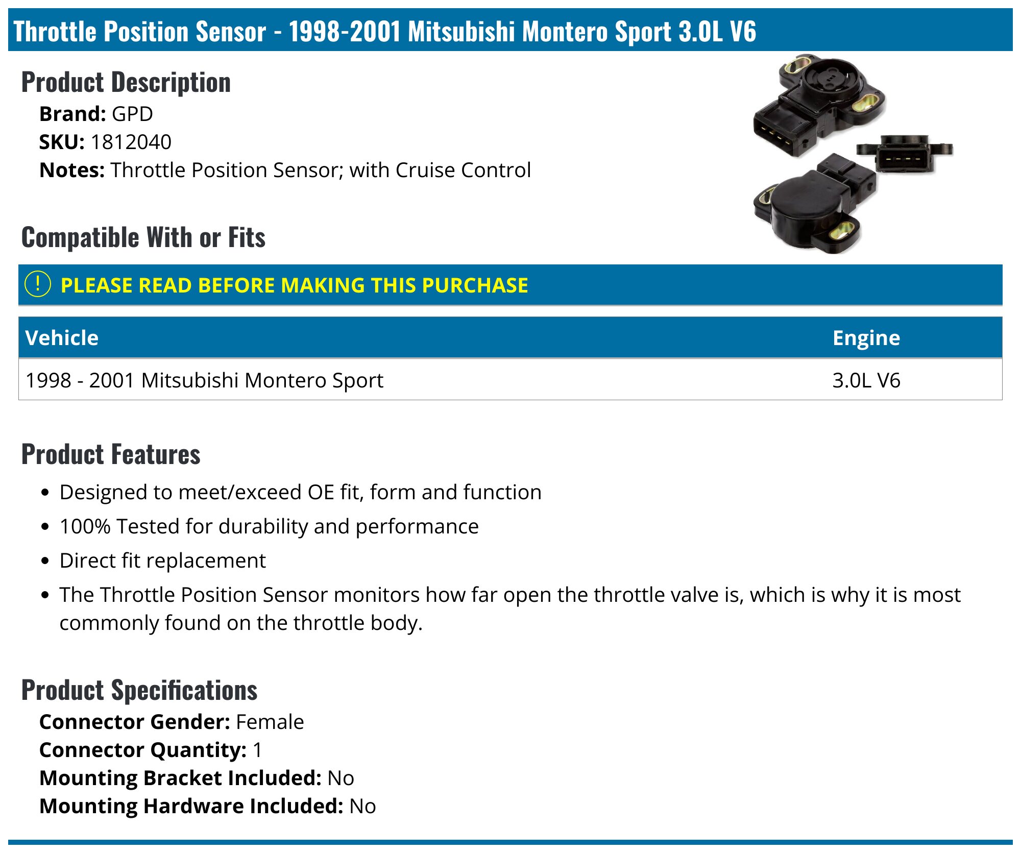 Throttle Position Sensor (TPS) For Chrysler Sebring, Mitsubishi Galant & More - MD628077