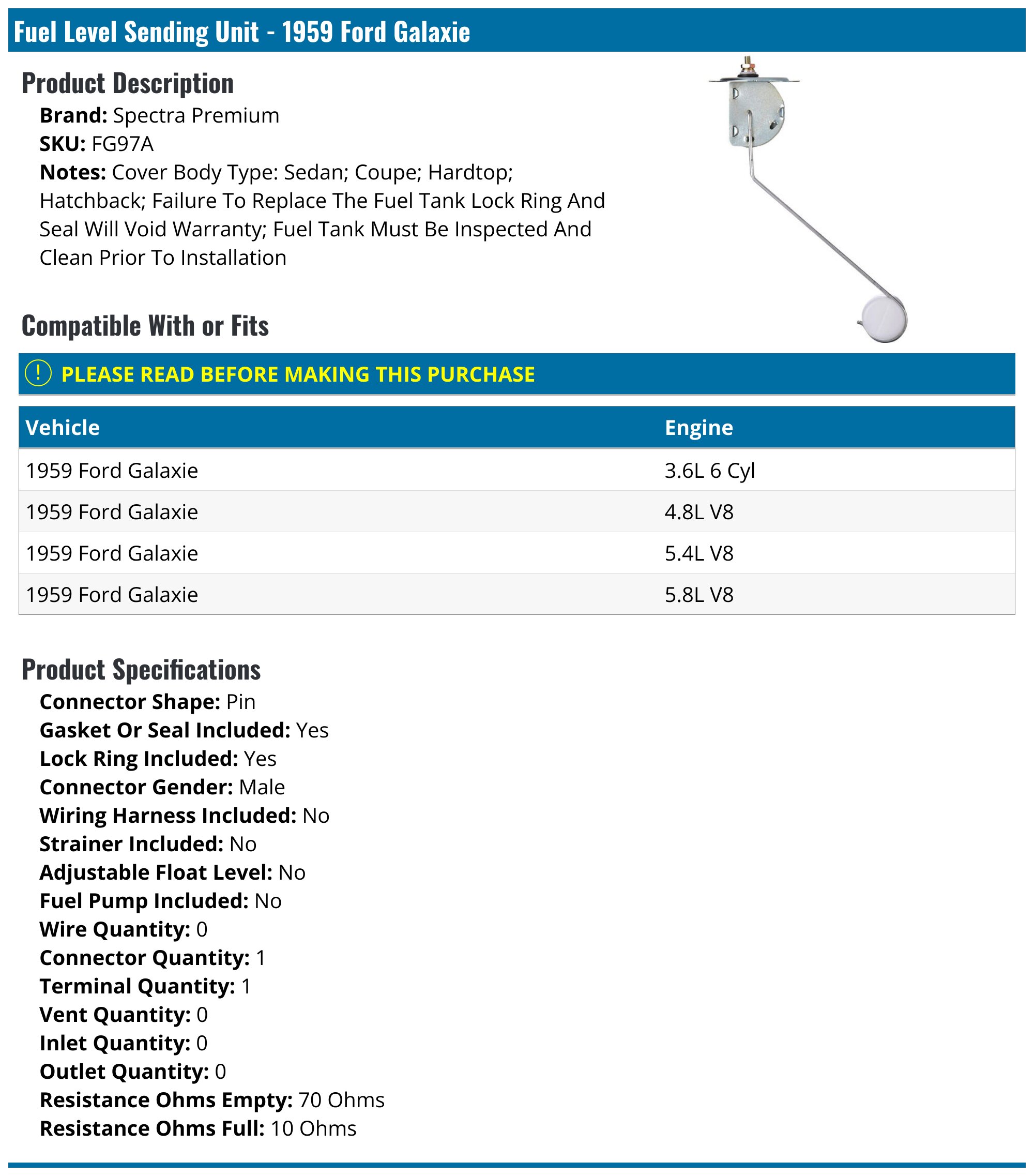 VANS Stainless Steel Fuel Sending Unit For 1969-1970 Galaxie – AFF-6970, NEW