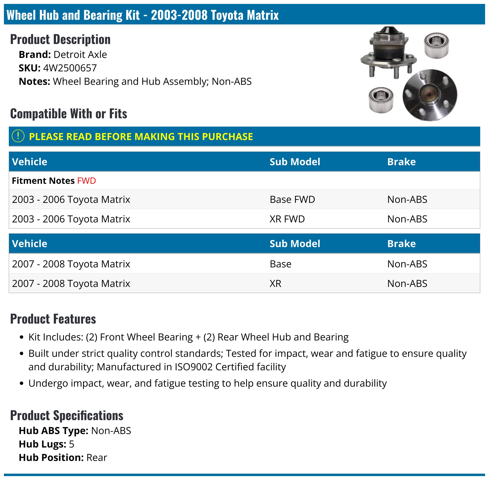 2003-2008 Toyota Matrix Wheel Hub Assembly - Detroit Axle 4W2500657 ...