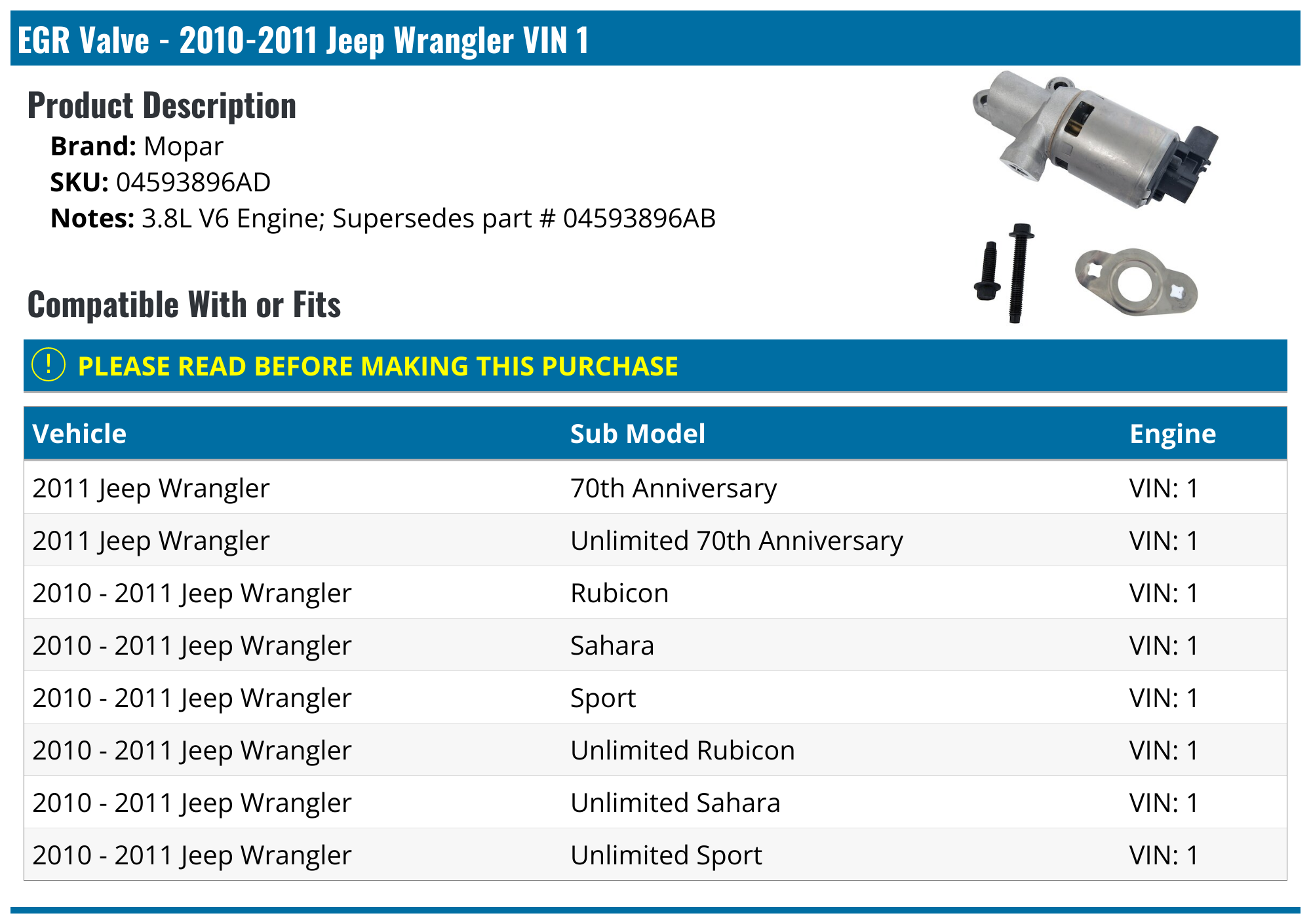 20102011 Jeep Wrangler EGR Valve Mopar 04593896AD
