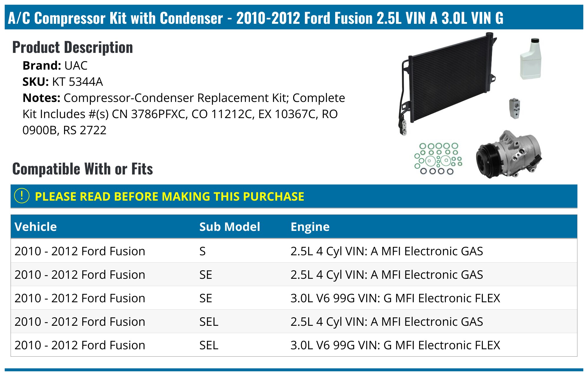 2010-2012 Ford Fusion A/C Compressor - UAC KT 5344A - PartsGeek.com