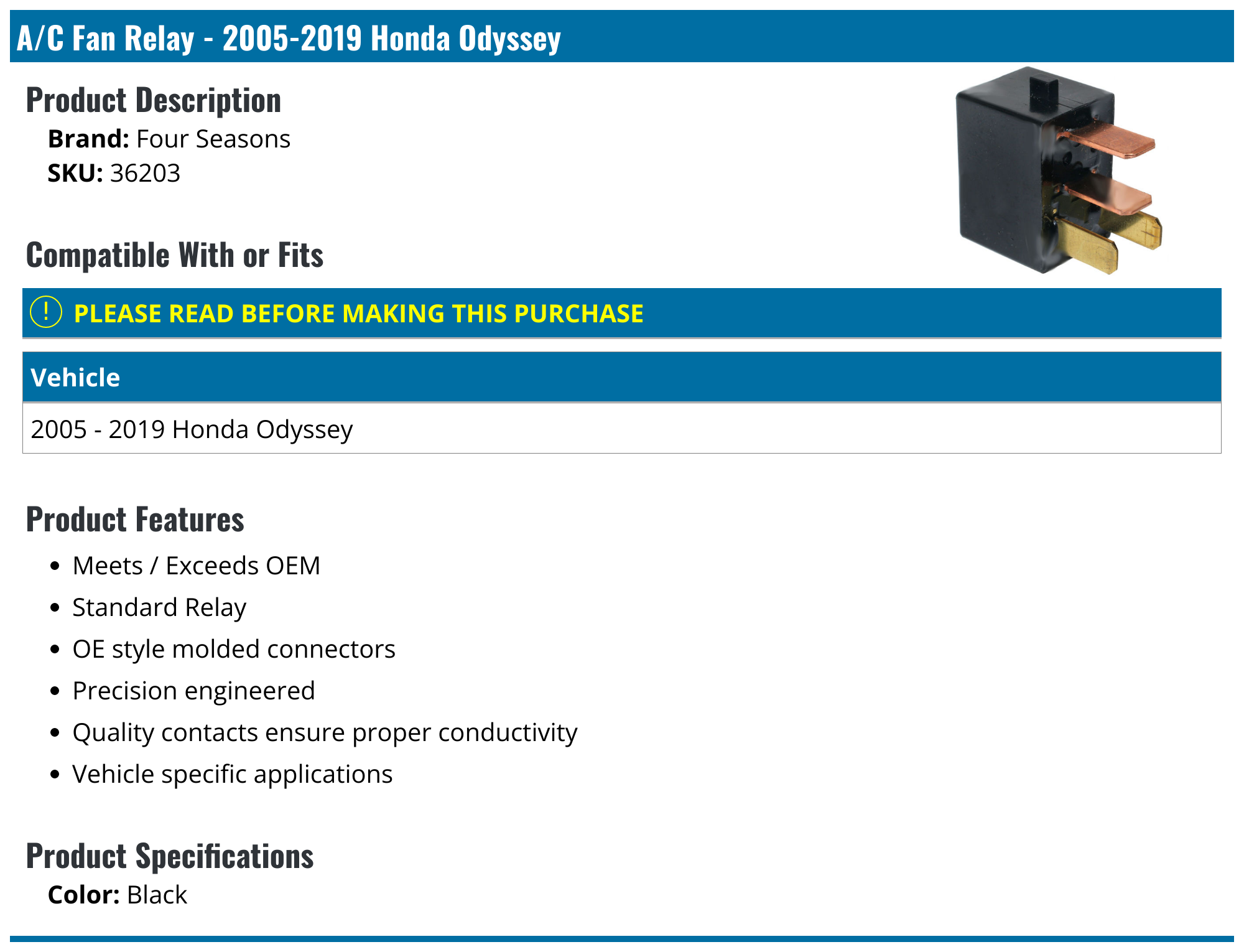 20052019 Honda Odyssey A/C Fan Relay Four Seasons 36203
