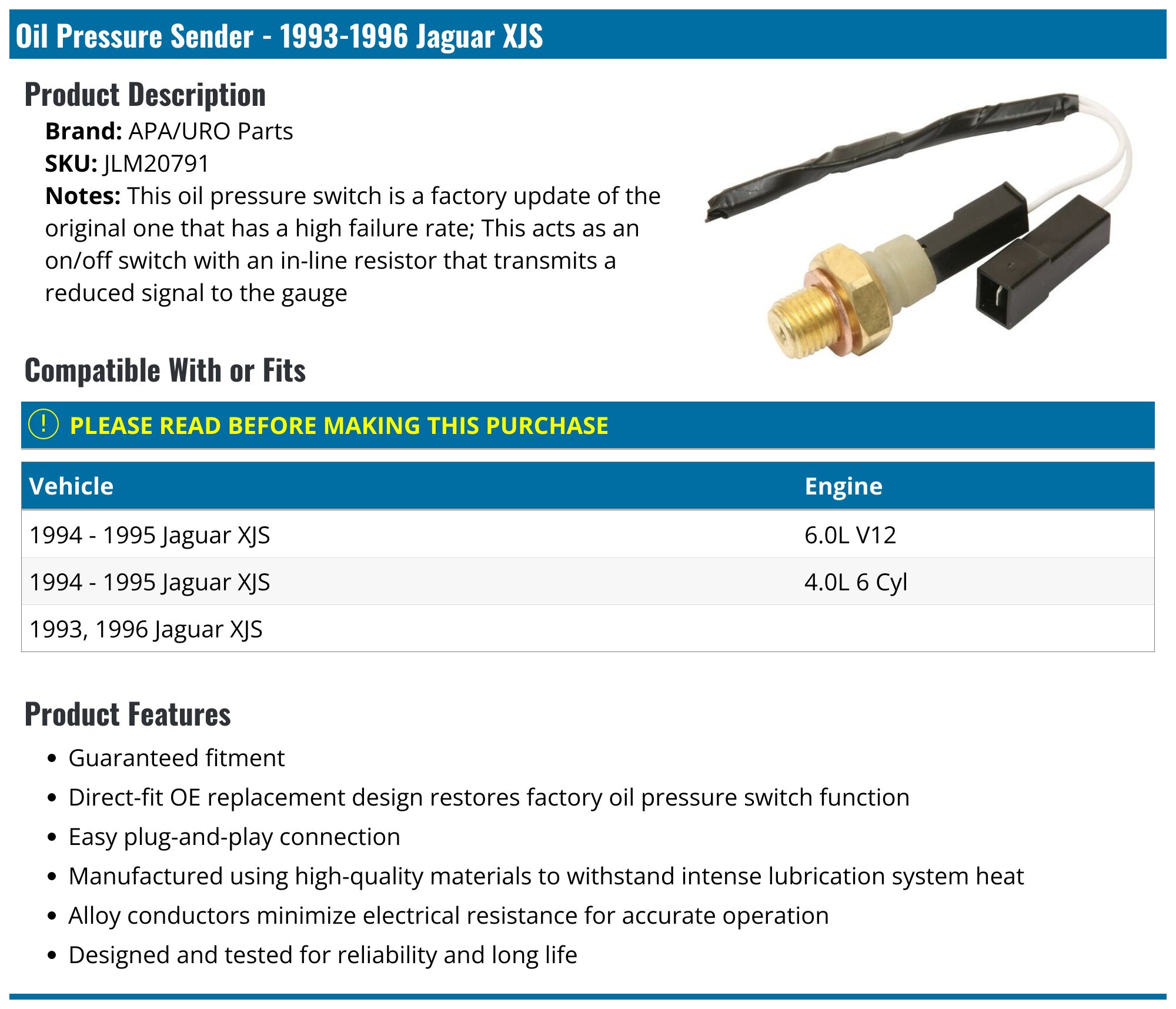 URO Parts C46272 Oil Pressure Sender For 1976-1992 Jaguar XJ6 XJ12 XJS Vanden Plas