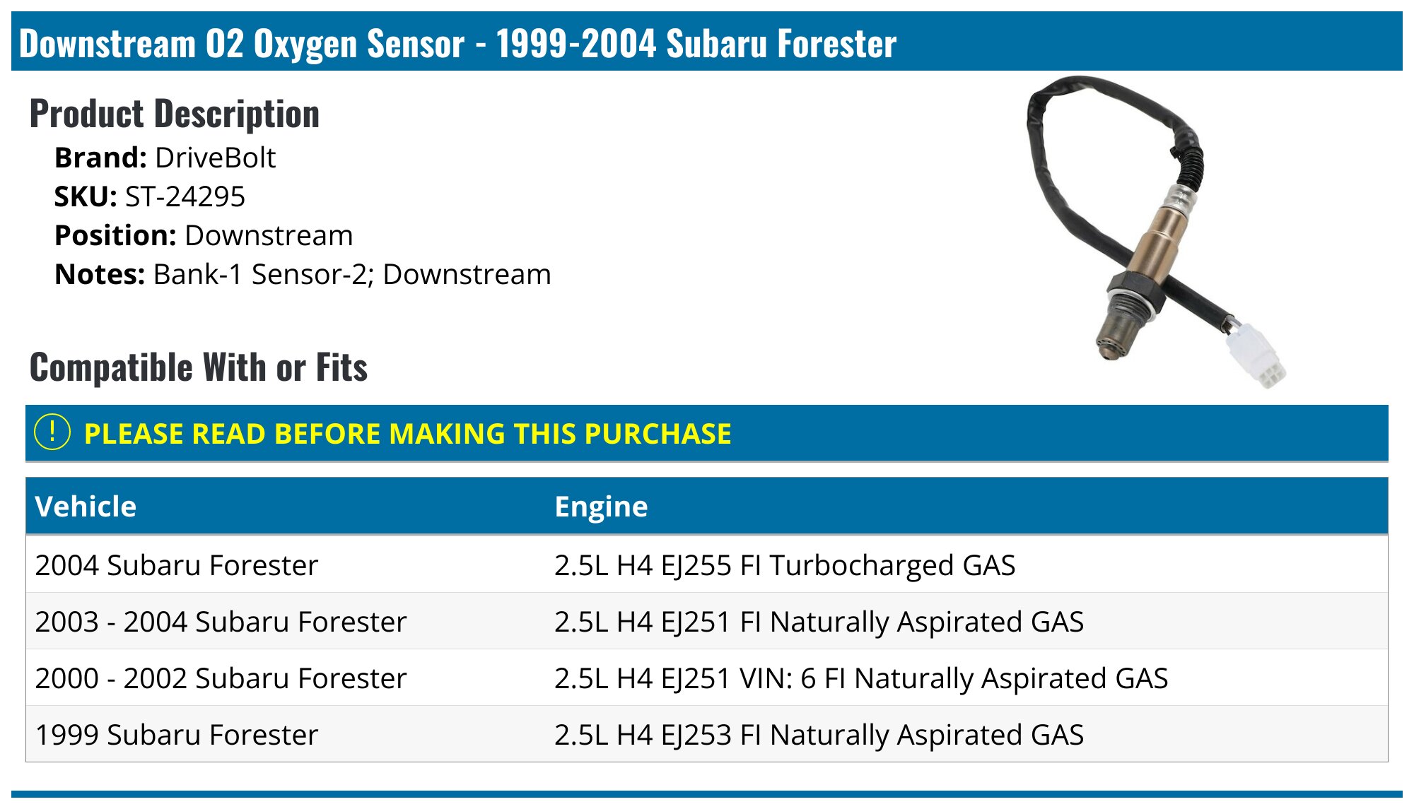 1999-2004 Subaru Forester Oxygen Sensor - DriveBolt ST-24295 ...