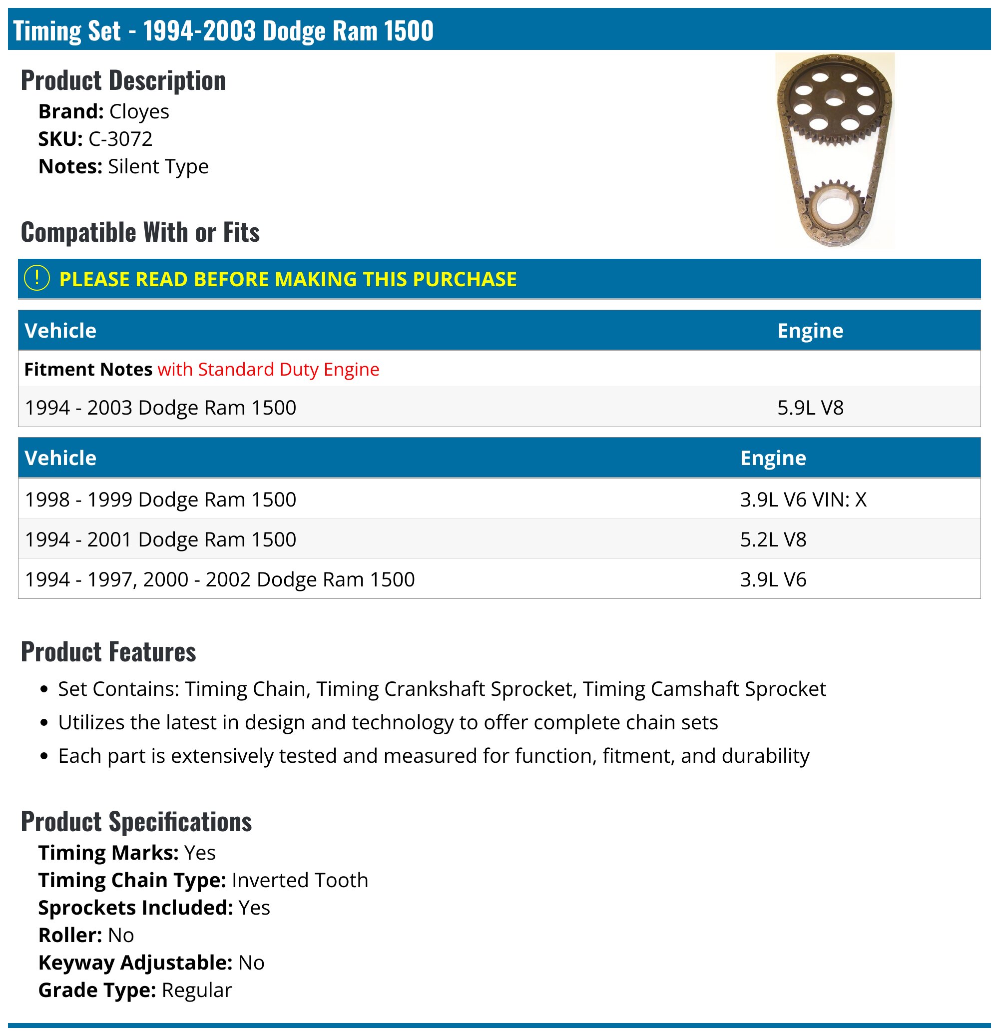 19942003 Dodge Ram 1500 Timing Chain Cloyes C3072