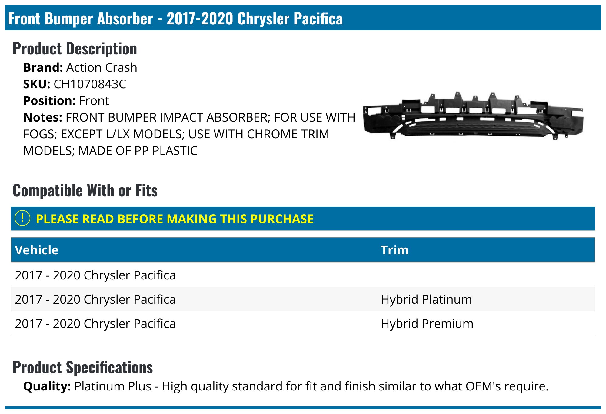 2017-2020 Mopar Chrysler Pacifica front bumper reinforcement OEM