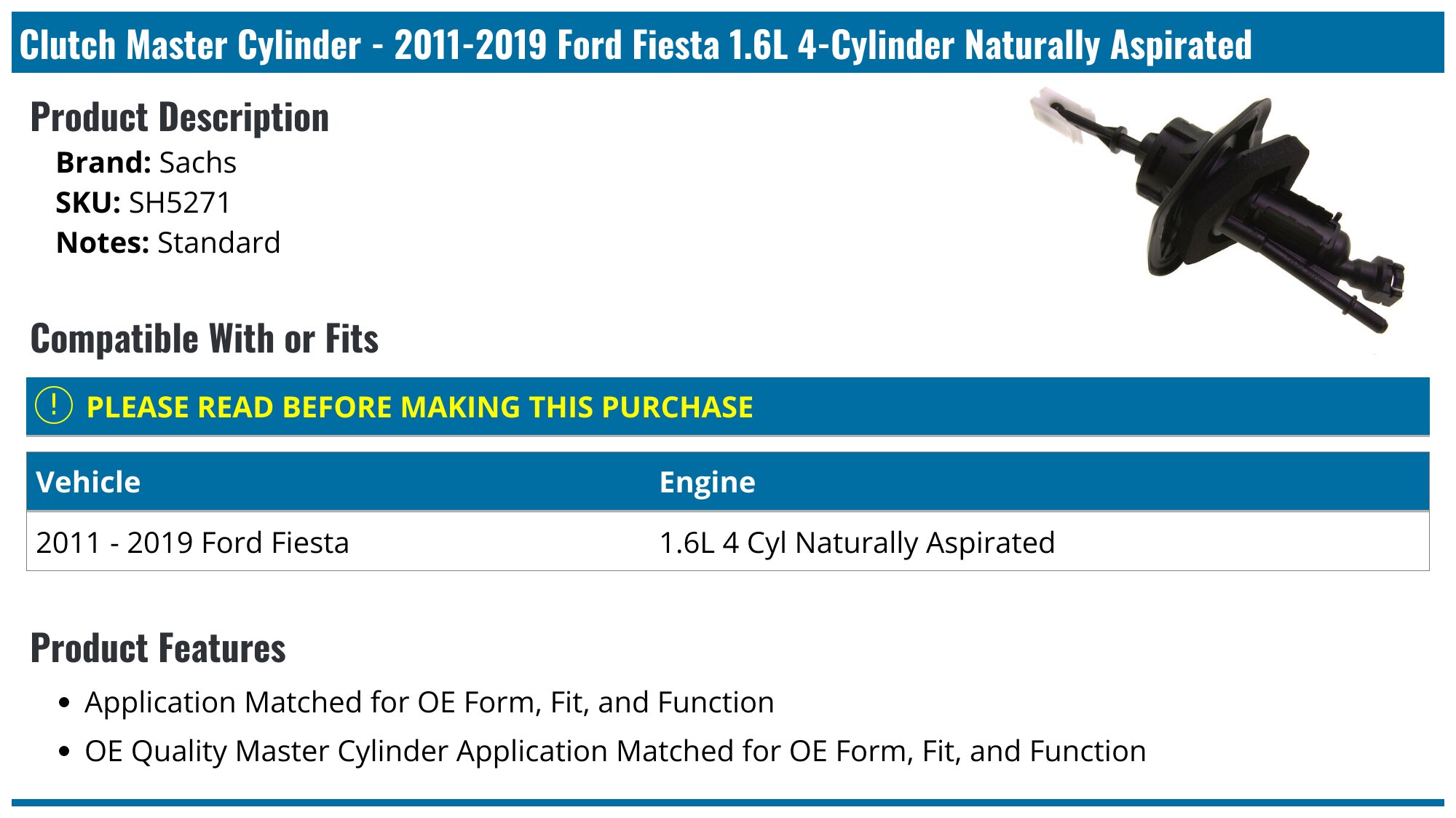 20112019 Ford Fiesta Clutch Master Cylinder Sachs SH5271