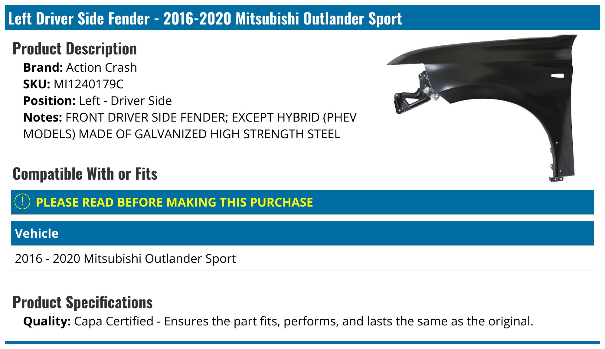 Evan-Fischer Front Driver Side Fender Liner For Mitsubishi Outlander Sport 2020-2024