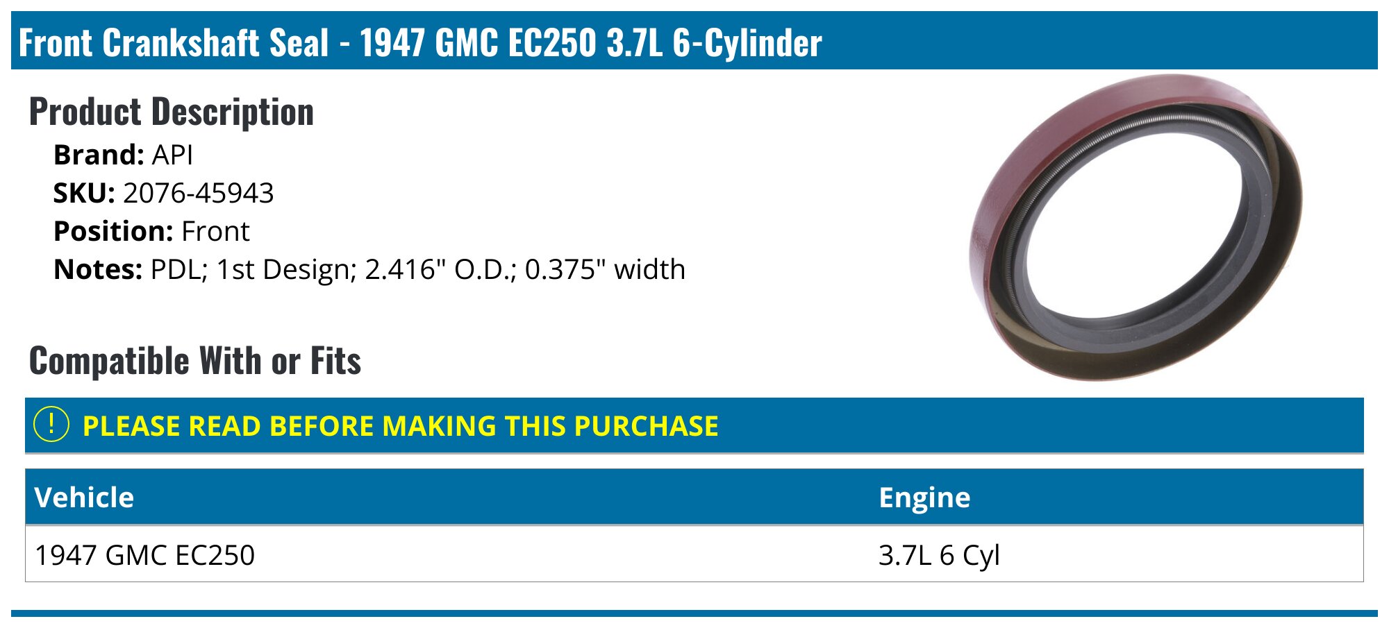 Api 1.7l 1947 GMC EC250 Crankshaft Seal - API 115610-07537414 - Front ...