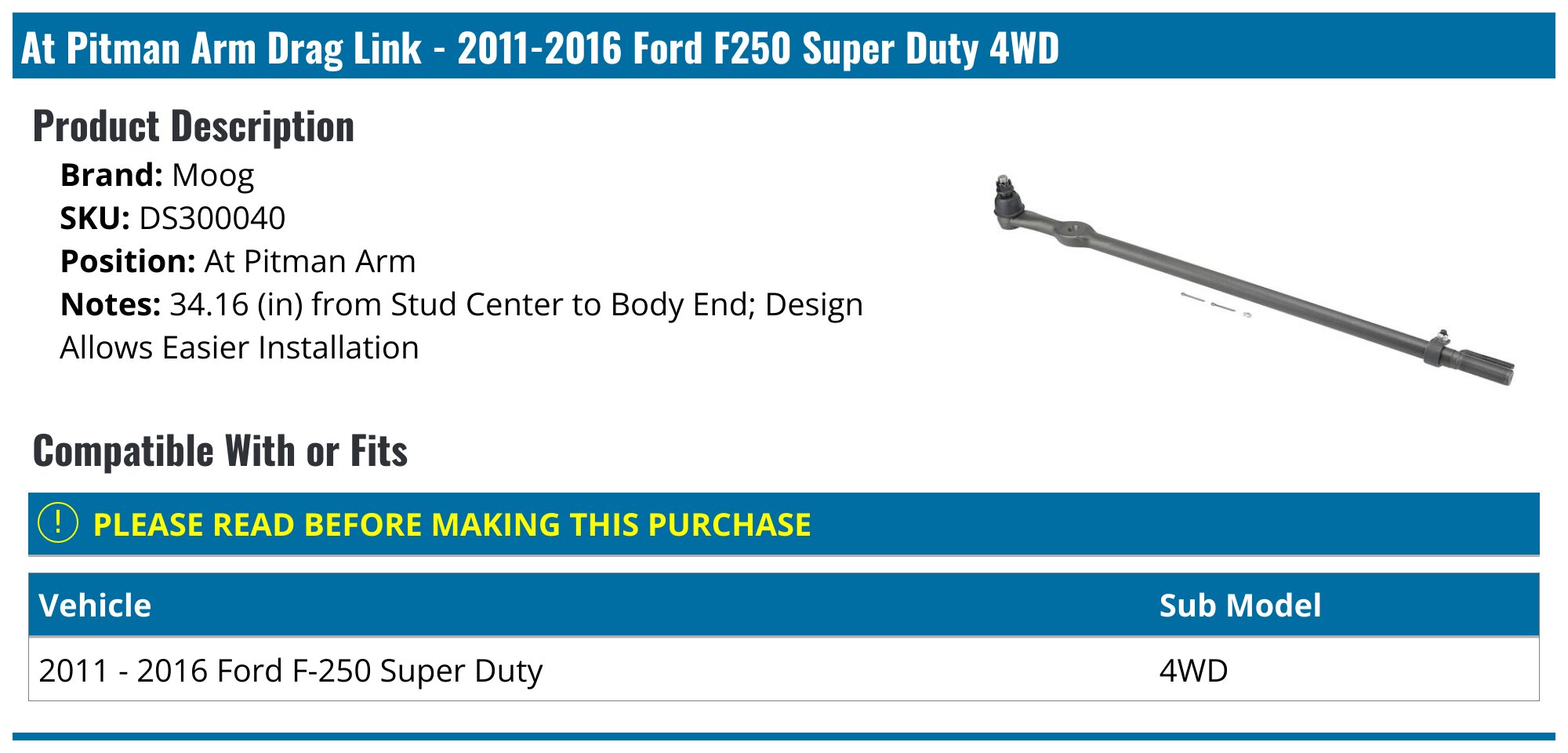 New Drag Link For 2011-2016 Ford F-250/F-350 Super Duty 4WD - BC3Z3304A Replacement 7 thumbnail image