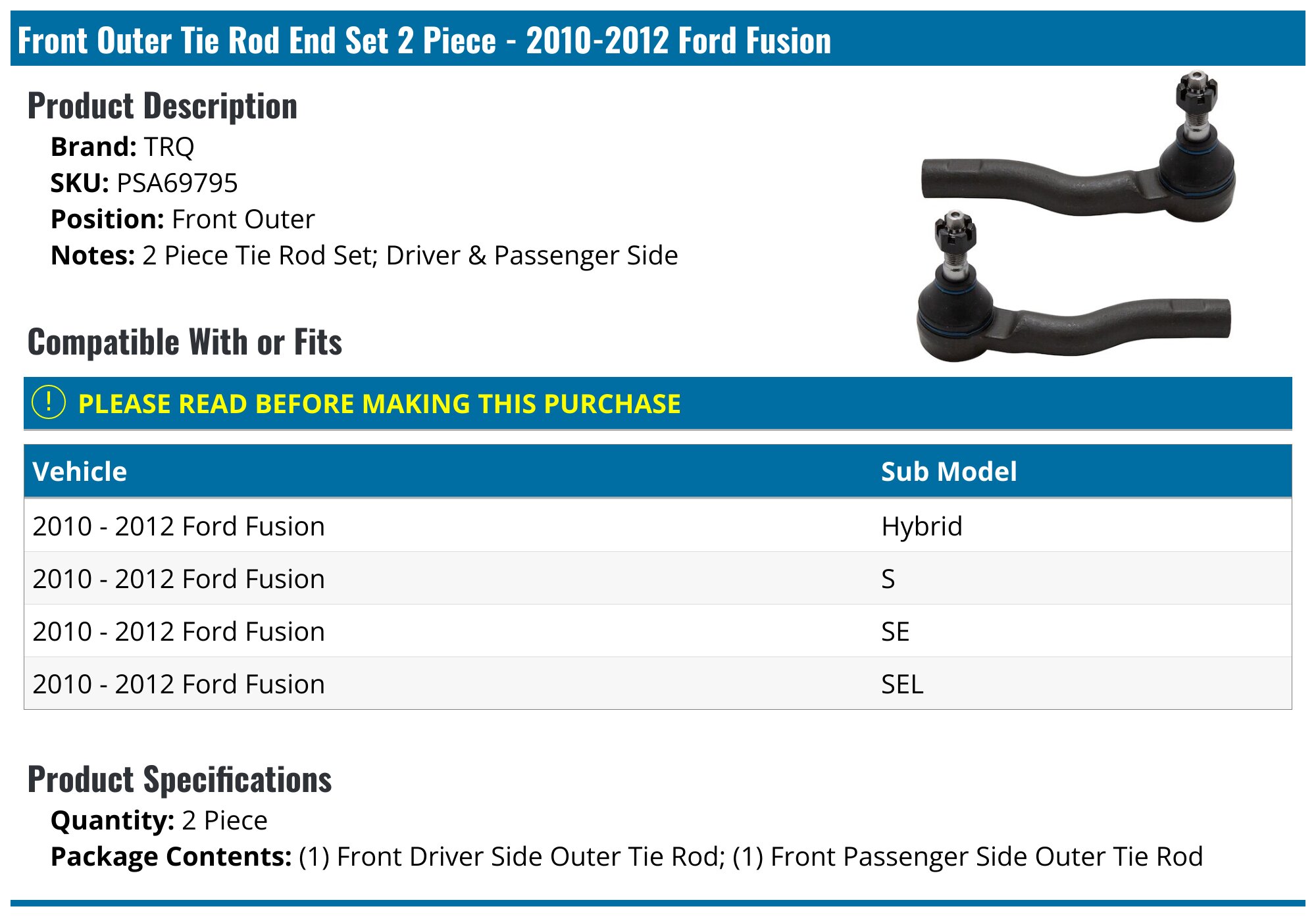 Evan-Fischer Front Inner Tie Rod End For 2010-2012 Ford Fusion – Driver Or Passenger Side – AE5Z3280A
