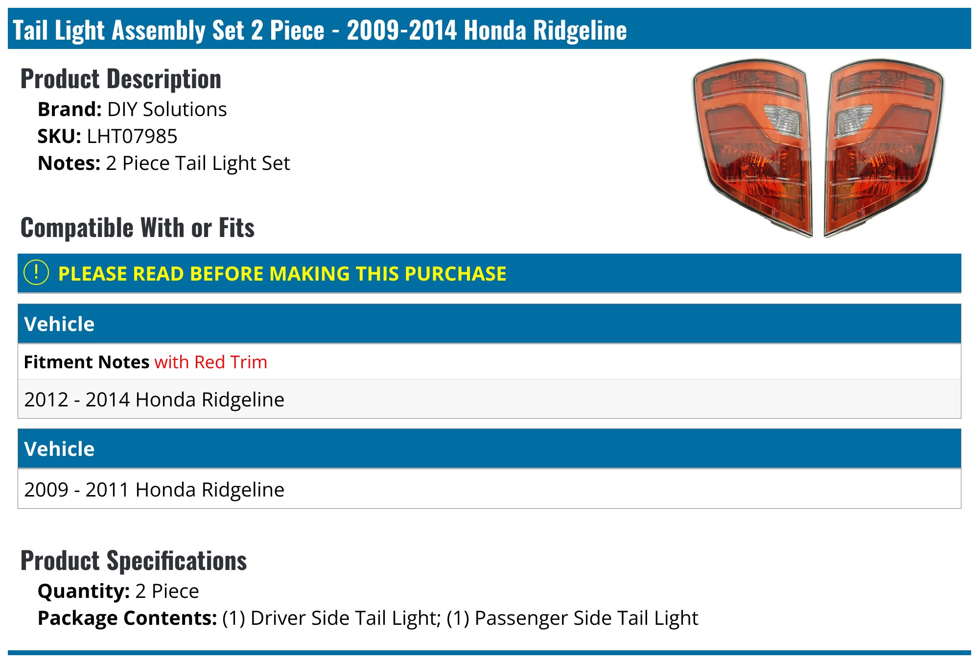 Passenger Side LED Tail Light For 2017-2025 Honda Ridgeline - Brake Lamp Assembly