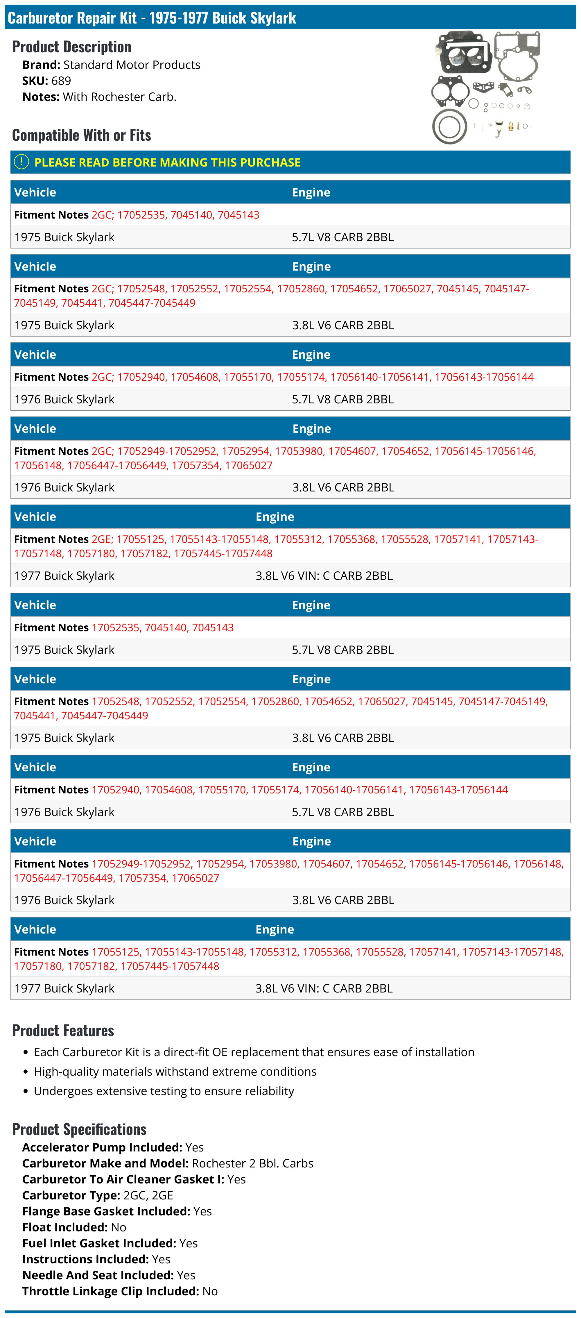 19751977 Buick Skylark Carburetor Repair Kit Standard Motor Products