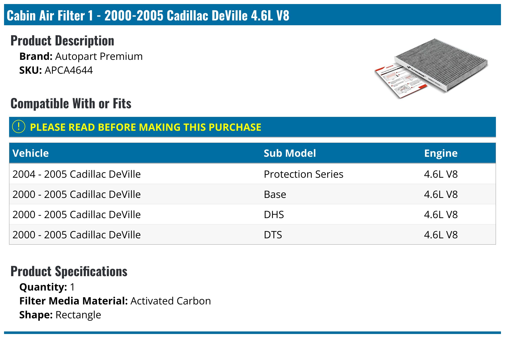 For 2000-2005 Cadillac DeVille Cabin Air Filter 52722BTGH 2004