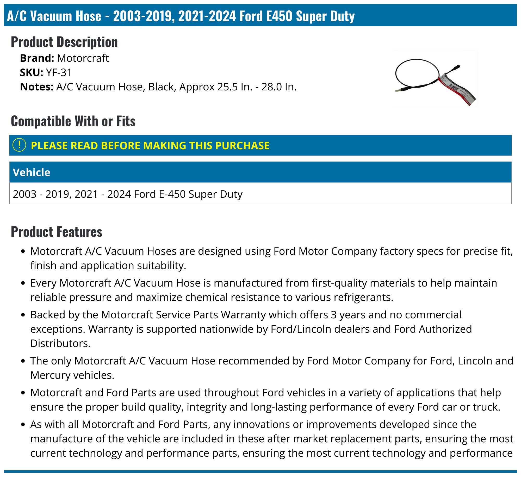 2003-2019, 2021-2026 Ford E450 Super Duty A/C Vacuum Hose - Motorcraft