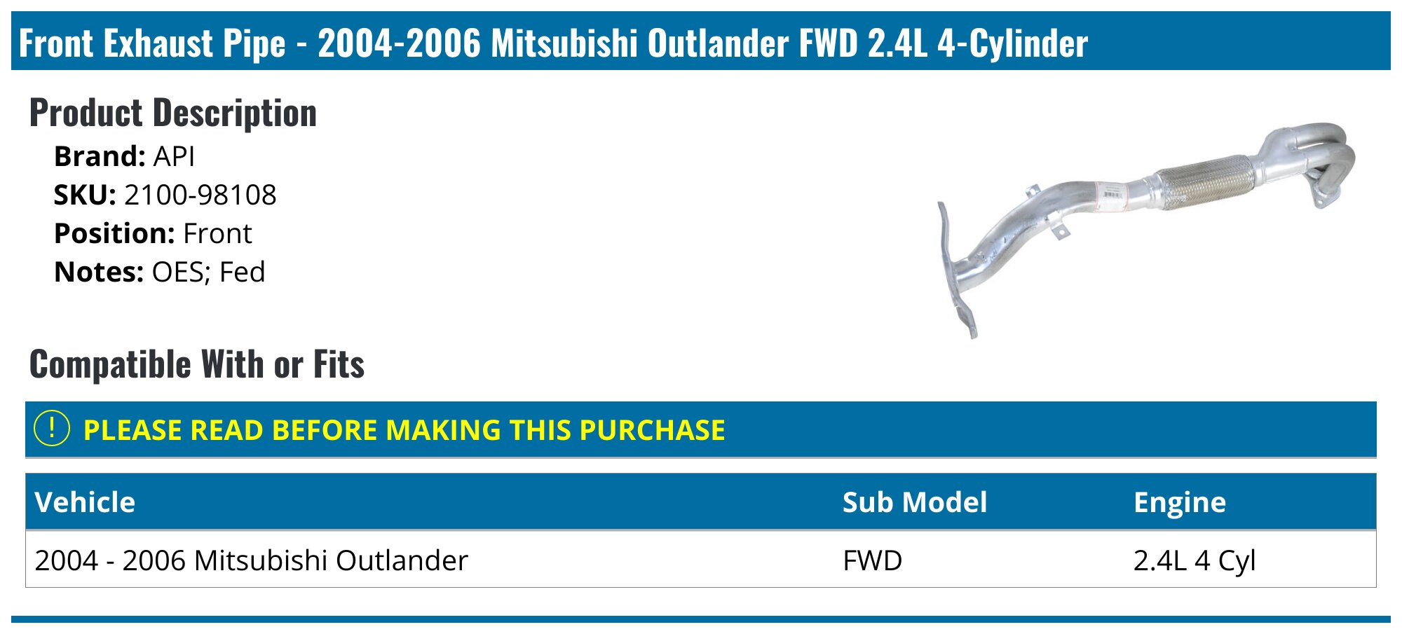 Northeastern Exhaust Front Flex Pipe For 2004-2006 Outlander 2.4L – Aluminized Steel