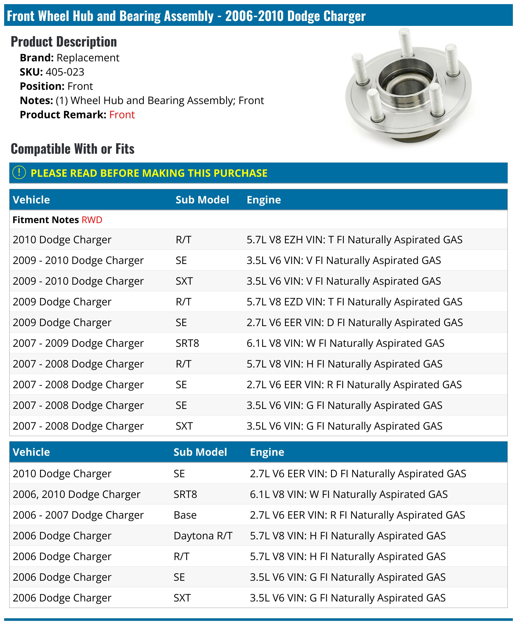 Front Wheel Bearing & Hub Set For Dodge Charger 2006-2011 Magnum 2005-2008