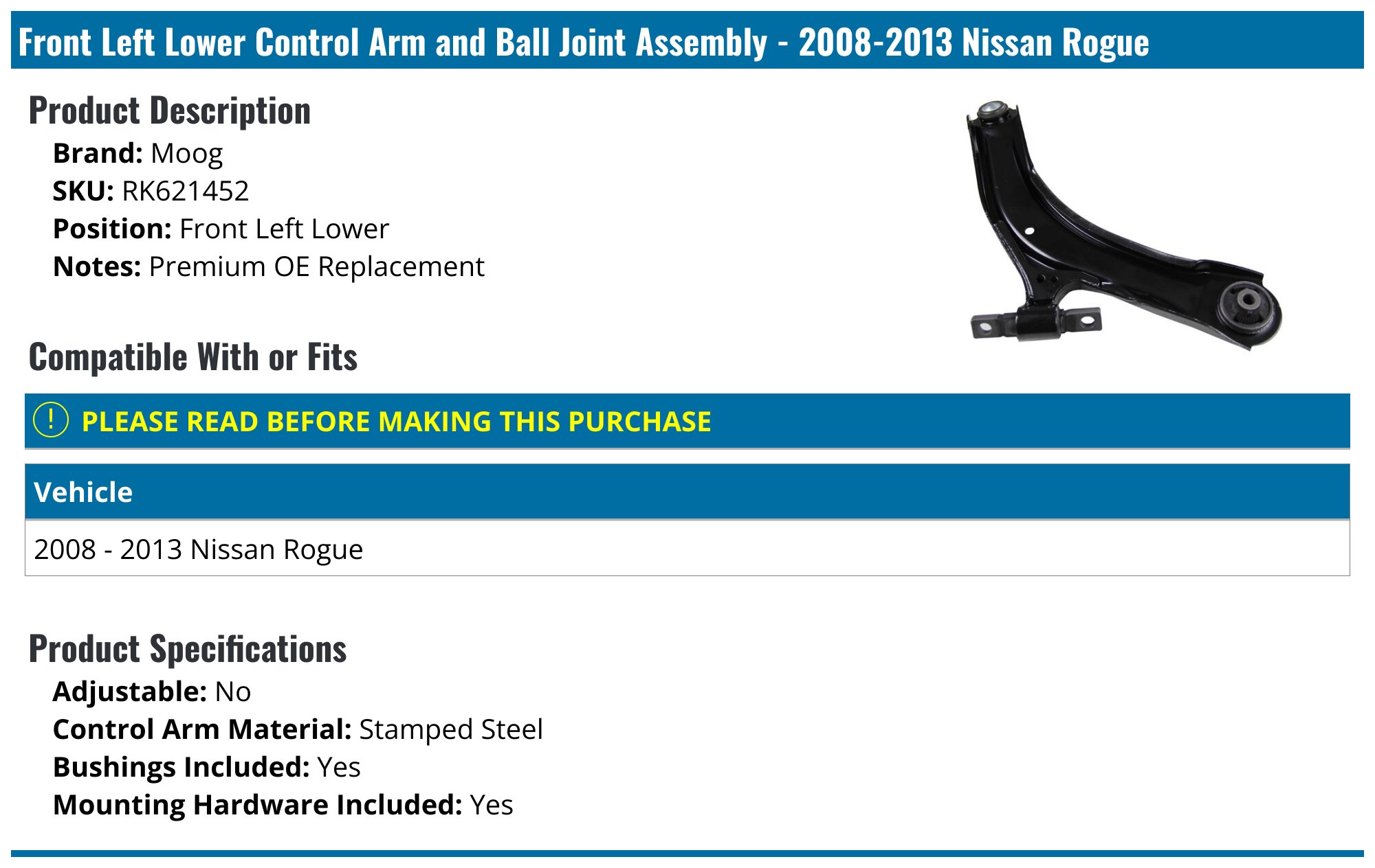 Control Arm With Ball Joint - 2008 Nissan Rogue | O'Reilly Auto Parts