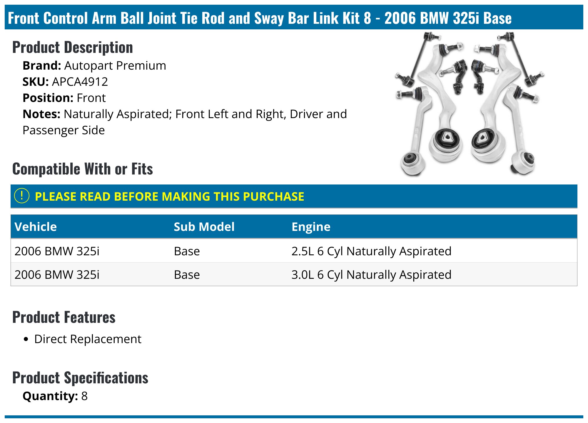 Bearng Lower Control Arm And Lnk Front Left Kt For 2001-2005 BMW