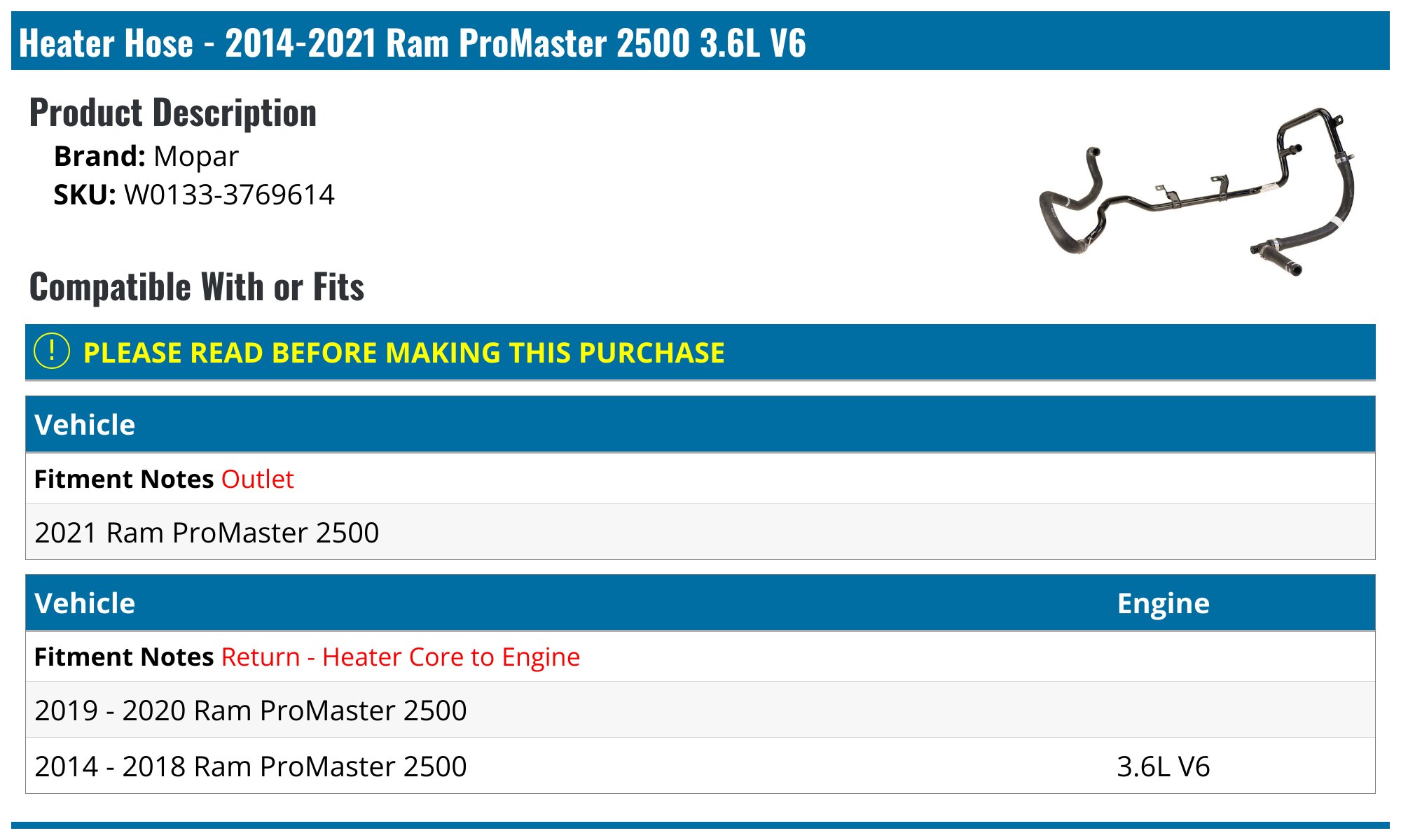 Heater Return Hose for 2014-2019 Ram | OEM Mopar 52014961AB | Mopar OEM Parts Counter Heater Return Hose for 2014-2019 Ram | OEM Mopar 52014961AB | Mopar OEM Parts Counter