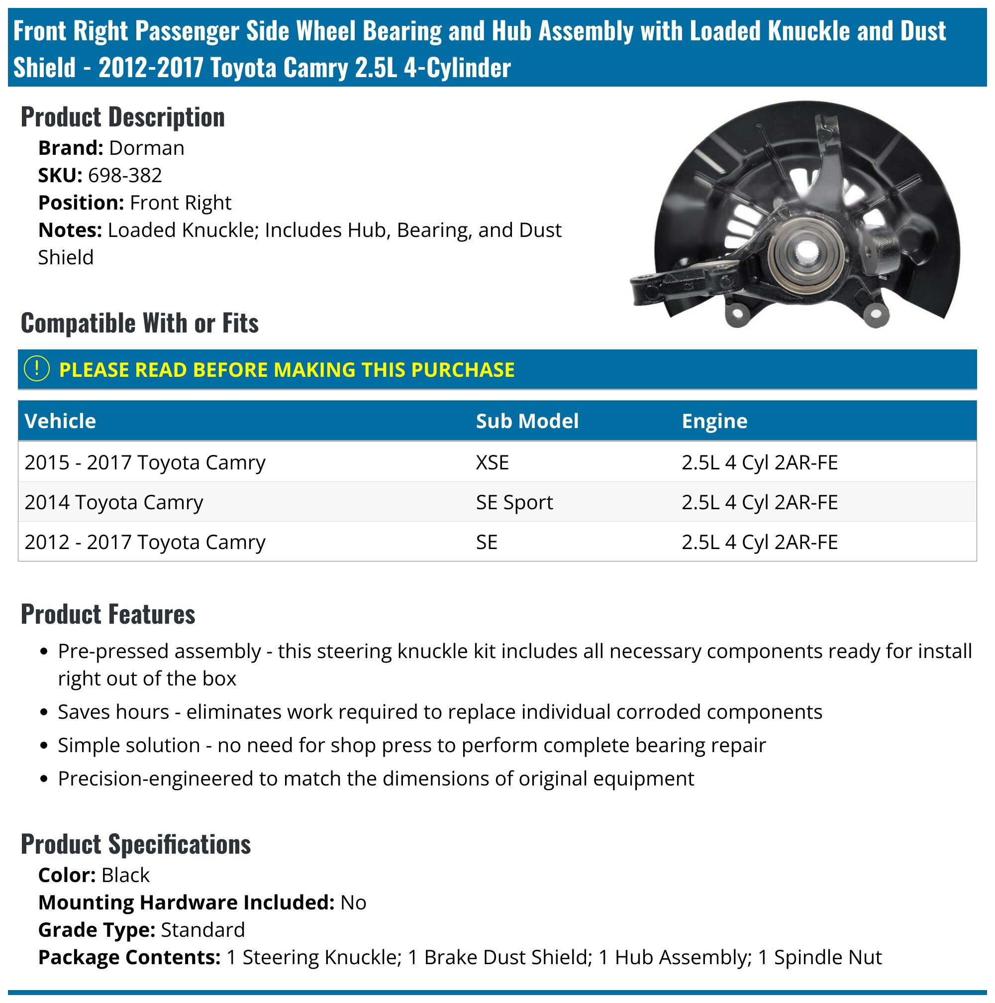 Front Wheel Hub & Bearing Pair For 2012-2016 Toyota Camry 2.5L Non-Hybrid - Direct Fit, 1-Year Warranty