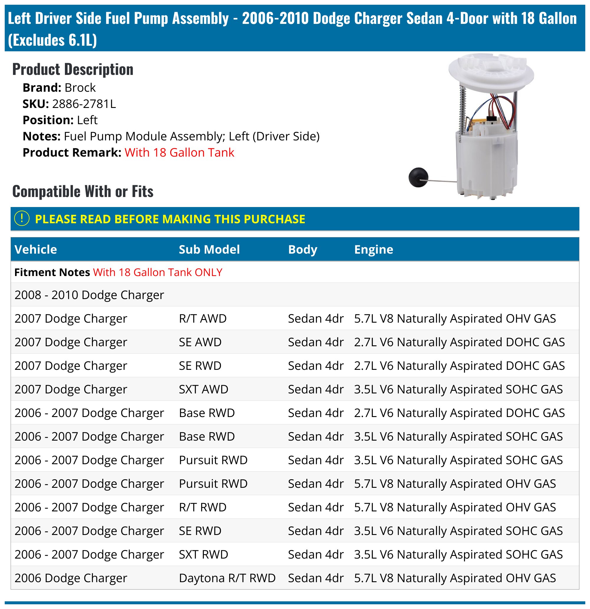 2010 Dodge Charger Fuel Pump