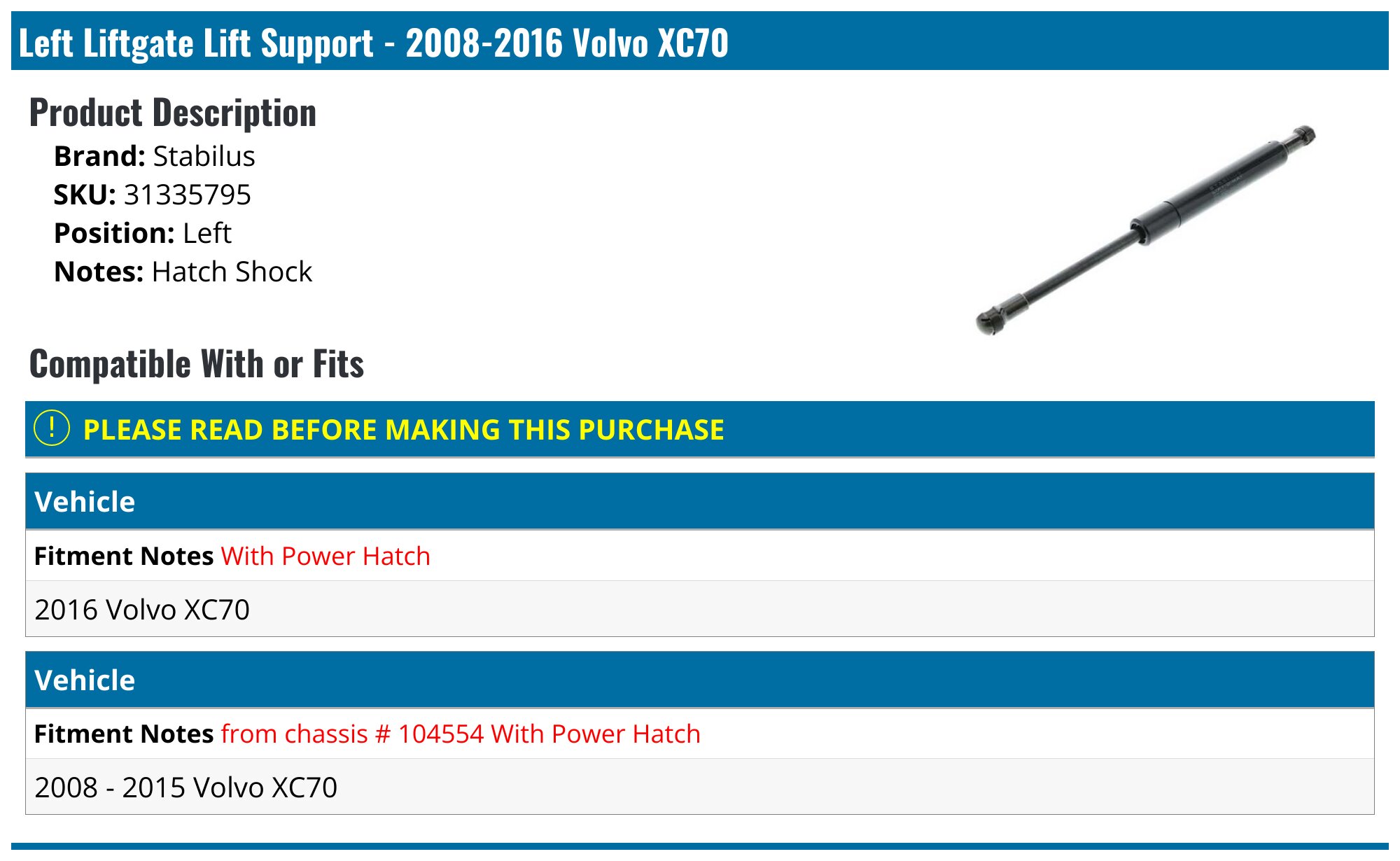 2008-2016 Volvo XC70 Hatch Strut - Stabilus 31335795 - Left - PartsGeek.com