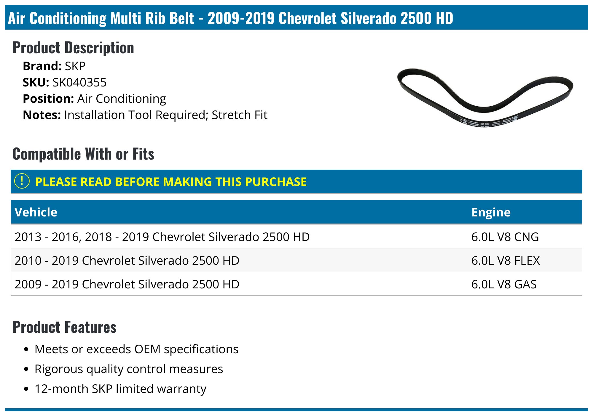 A-Premium Engine Serpentine Belt Drive Kit Compatible With Chevy And GMC Cars - Silverado 2500 HD, Silverado 3500, Suburban 2500, Sierra 2500 HD, Sierra 3500, Yukon XL 2500 - OHV 8.1L, Belt Tensioners - Canada
