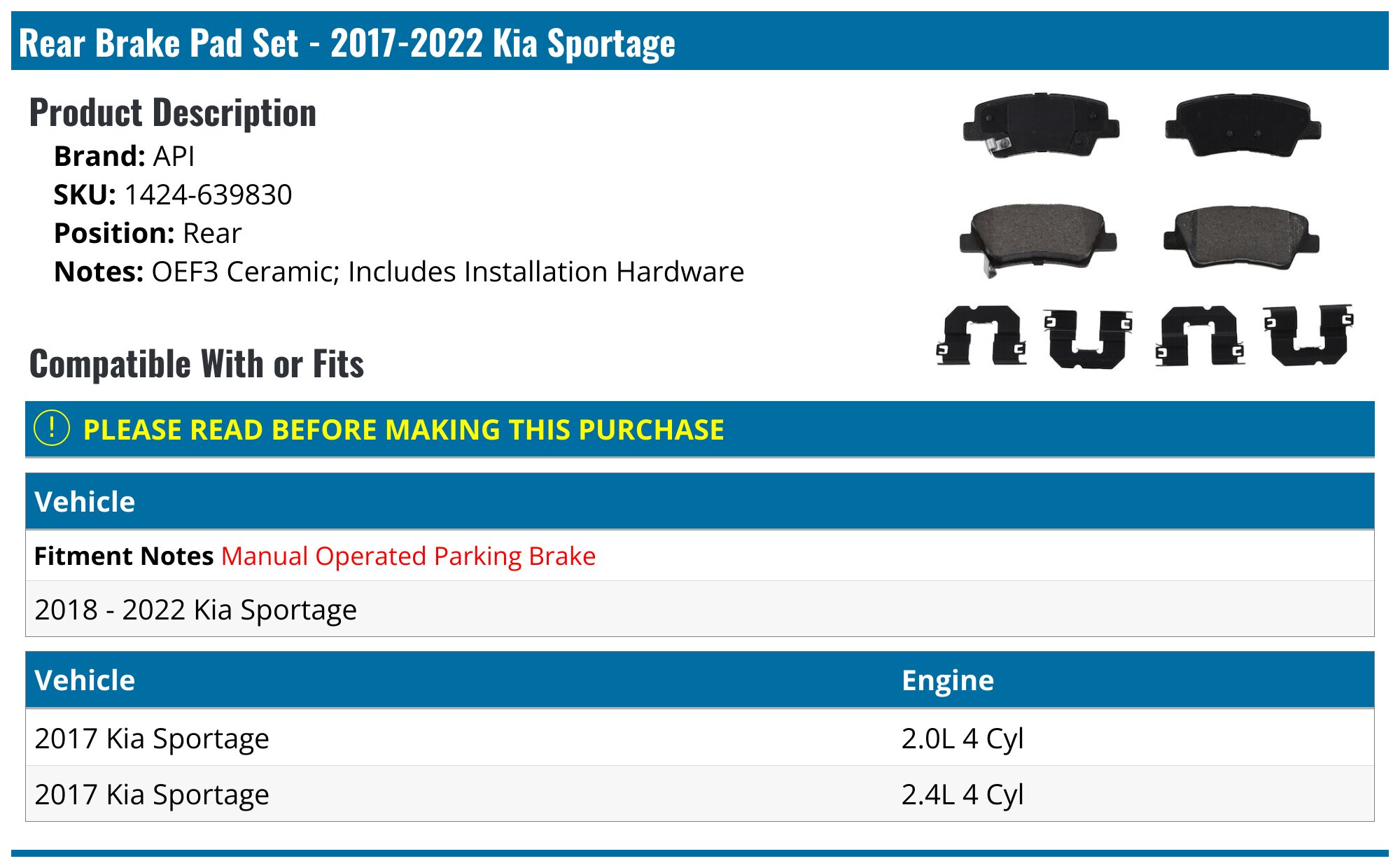 20172022 Kia Sportage Brake Pad Set API 14037907614629 Rear